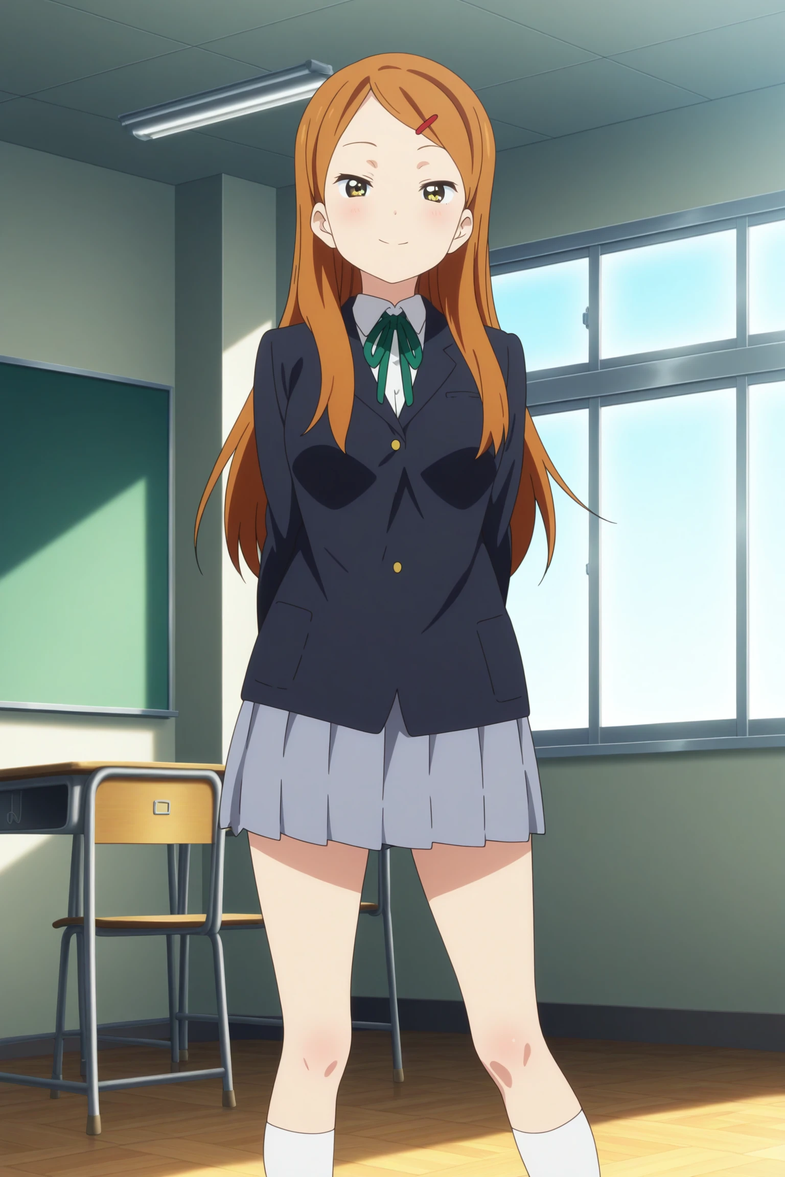 masterpiece, best quality, amazing quality, highres, absurdres, very aesthetic, high resolution, ultra detailed, perfect details, 1girl, solo, indoors, classroom, day, medium breasts, sokabe megumi, long hair, orange hair, red hairclip, yellow eyes, school uniform, black jacket, white shirt, collared shirt, green ribbon, grey skirt, pleated skirt, white kneehighs, loafers, <lora:Megumi_Sokabe_ILXL:0.8>, (feet out of frame:1.2), anime coloring, anime screencap, (pose:1.2), smile, looking at viewer