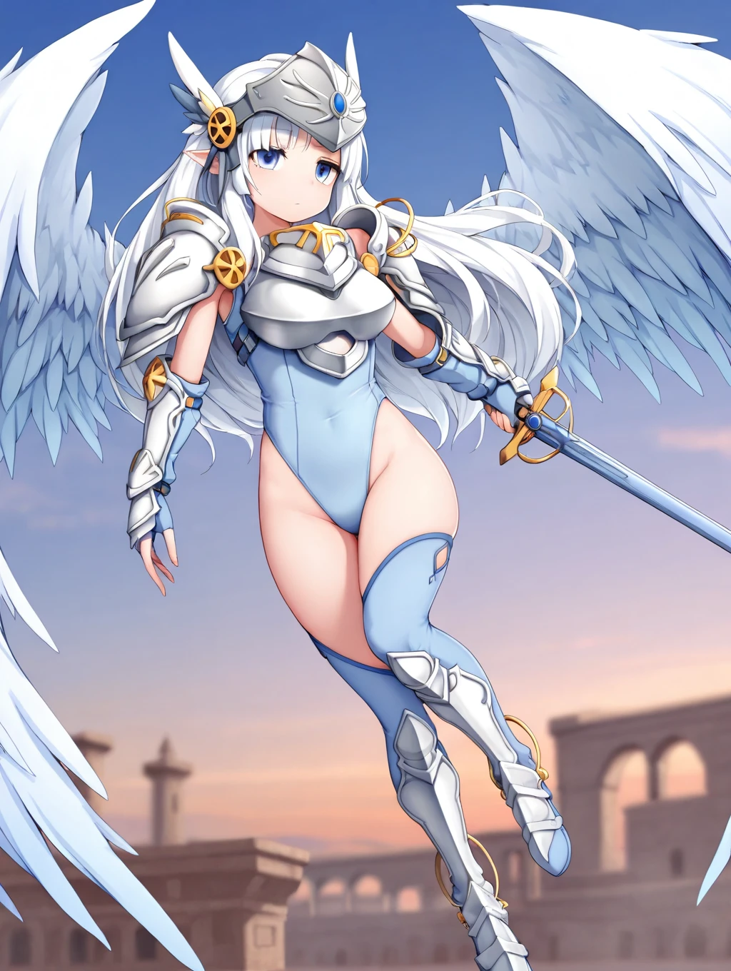 1girl, solo, VicValk, white hair, long hair, blue eyes, pointy ears, wings, feathered wings, blue leotard, armor, shoulder armor, pauldrons, helmet, visor, wings on helmet, blue boots, blue thighhighs,

outdoors, expressionless, dynamic pose, flying, sky, heaven, holding sword,

masterpiece, best quality,amazing quality, very aesthetic, absurdres, depth of field, blurry background, extremely detailed face, detailed eyes