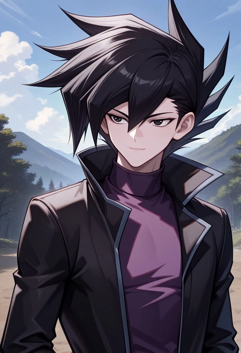 masterpiece, best quality, 
chazzgx, 1boy, male focus, solo, black eyes, black hair, spiked hair, bangs, hair between eyes, shirt, purple shirt, turtleneck, coat, black coat, long sleeves, open coat, open clothes, upper body, portrait
outdoor, sky, light smile