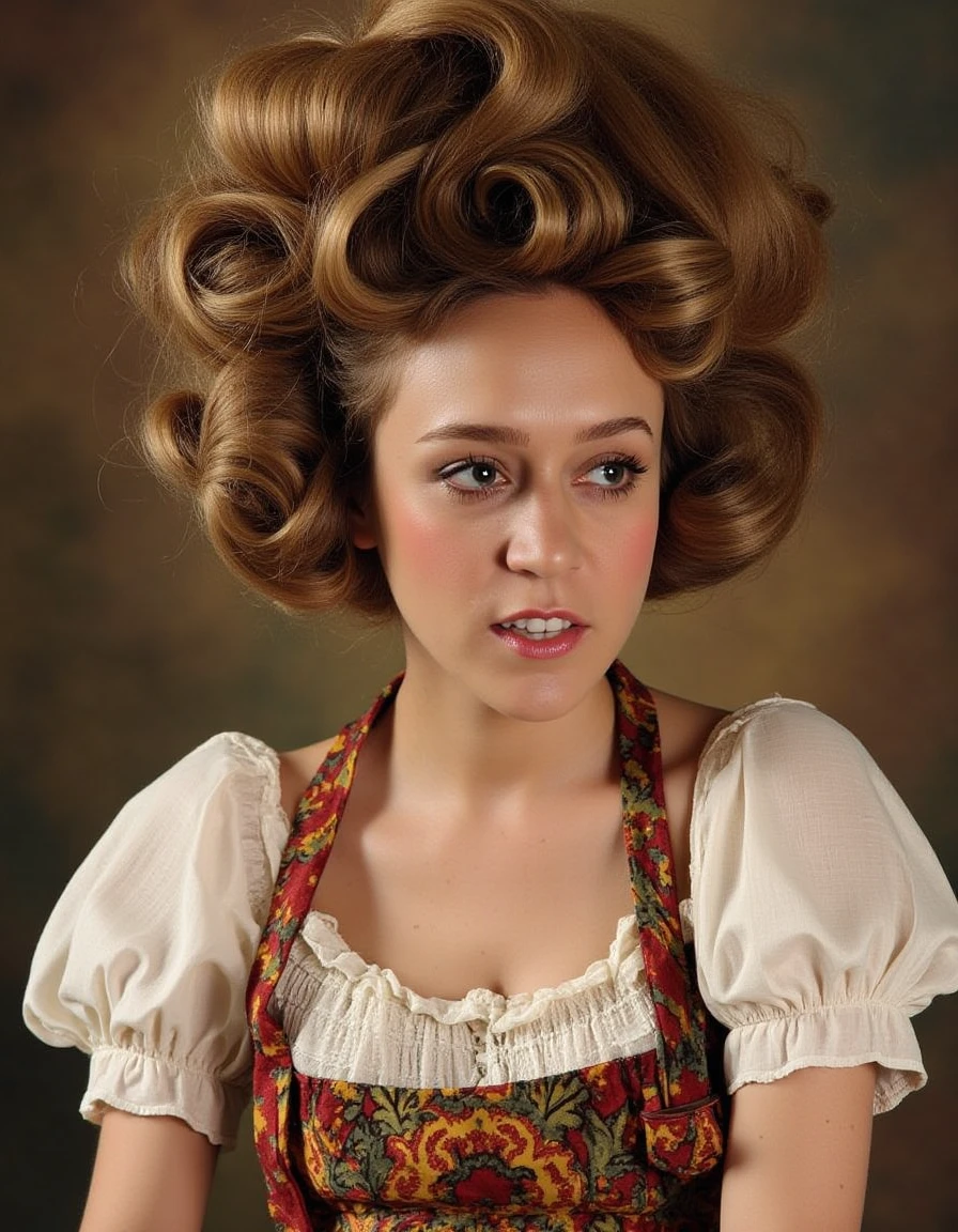 <lora:chloe-sevigny-flux:1> the, her, woman wearing a dirndl with a giant bouffant hairdo