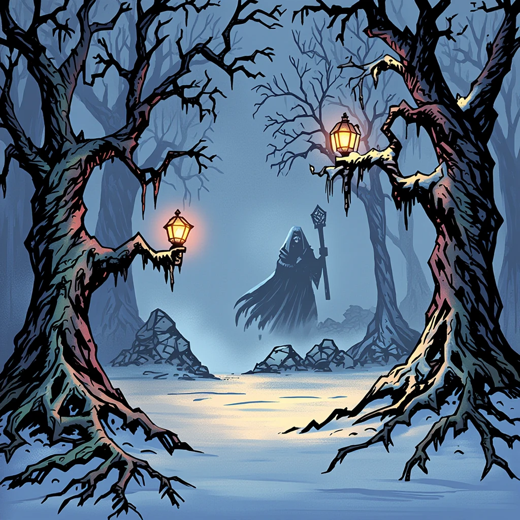 inked comic illustration in dd artstyle, An eerie, fog-shrouded snowy forest at twilight during the winter. Gnarled trees with twisted roots surround a lone, glowing lantern. The faint outline of a cloaked figure holding a staff is visible in the distance, creating a sense of mystery and unease.