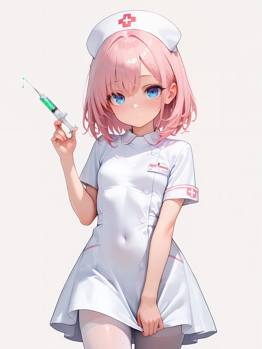 masterpiece,amazing quality,best quality,ultra-detailed,8K,illustration,CG,shiny hair,clear skin,ultra-detailed-eyes,simple background,cute girl, eyelashes <lora:nurse_illustrious_V1.0:0.7> nurse, short sleeves, dress, nurse cap,white pantyhose,holding syringe