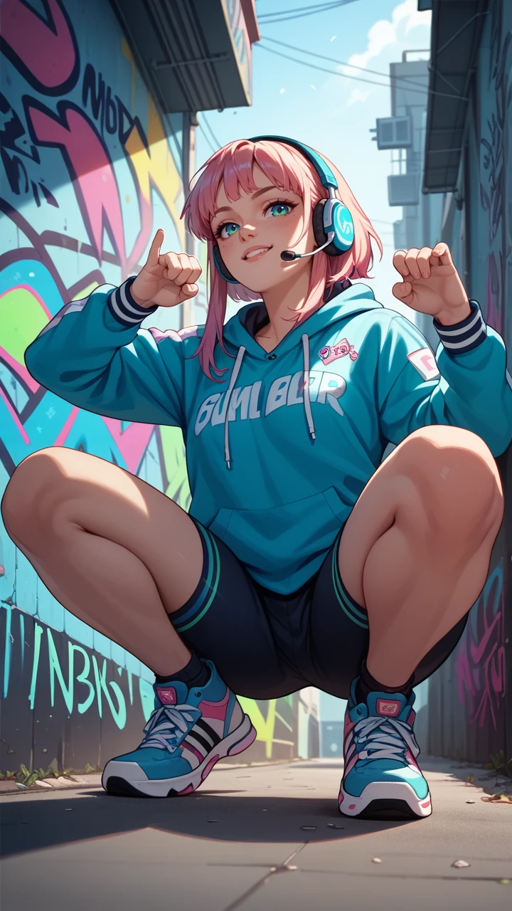 score_9, score_8_up, score_7_up, score_6_up, score_5_up, score_4_up,  Skater woman, graffiti walls, sunny day, dynamic motion, vibrant colors, headset, squatting pose, from below