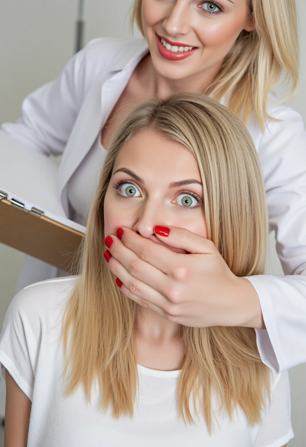 A professional close-up photograph featuring a woman and a woman behind. A tall serious doctor dressed in a white lab coat holding a clipboard covers another woman's mouth with her hand. Her slender but strong hand with red nails tightly covers the mouth of a terrified woman. The shocked victim has wide green eyes and long blond hair and appears in a hospital gown. The woman doctor looks at the victim, while the victim is glancing toward a nearby door, seemingly plotting an escape. They are standing in a brightly lit medical facility with sterile, clean surroundings.