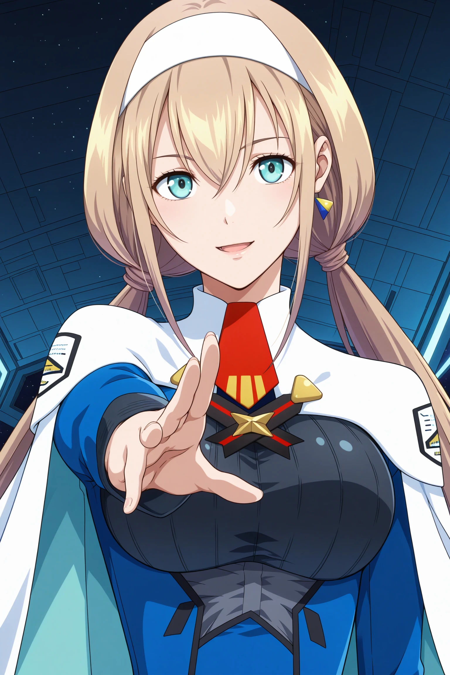 masterpiece, best quality, amazing quality, highres, absurdres, very aesthetic, high resolution, ultra detailed, perfect details, 1girl, solo, science fiction, space, spacecraft, indoors, medium breasts, mitsuba greyvalley, blonde hair, long hair, low twintails, white hairband, blue eyes, single earrings, military uniform, blue dress, long sleeves, white capelet, short necktie, framed breasts, black pantyhose, white footwear, boots, <lora:Mitsuba_Greyvalley_ILXL:0.8>, (aged up:1.5), (upper body:1.5), (pose:1.2), seductive smile, looking at viewer, (anime coloring:1.5), (anime screencap:1.5), (open mouth:1.5)