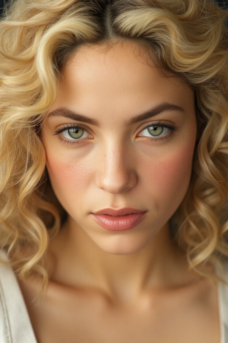 A high end beauty shot of a curly blonde haired model with dramatic eye make up and subtle blush. Close up photo with a clean background. HD quality with skin details visible. Beautiful overhead beauty light lit with huge beauty dish.