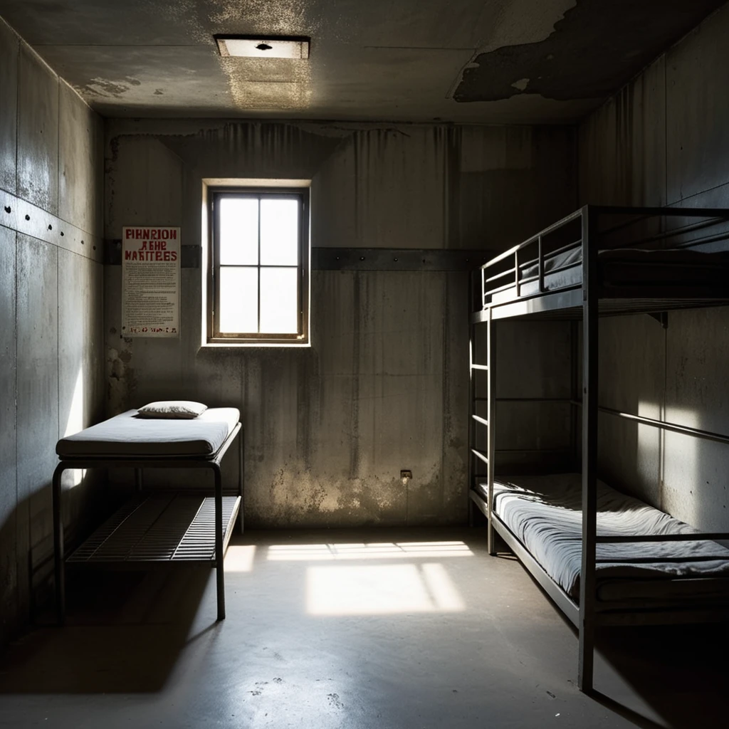 A dimly lit prison cell with cold, gray concrete walls, a small barred window letting in a faint beam of light, and a bunk bed with a steel frame and thin, worn mattresses stacked one above the other. A simple steel toilet is positioned in the corner, and a scratched wooden desk sits nearby. The atmosphere feels oppressive and isolated, with shadows casting stark contrasts on the walls. The floor is cracked and uneven, and faint graffiti etched into the walls hints at the stories of previous occupants. The room exudes a sense of confinement and solitude.