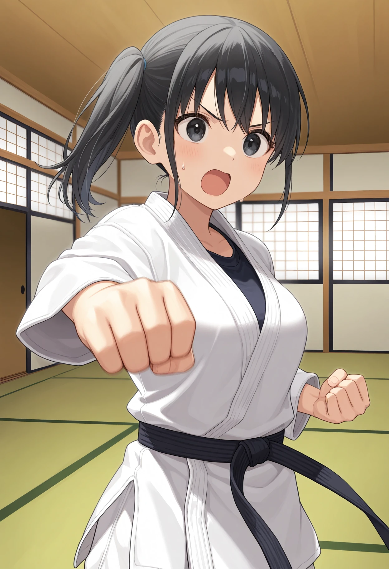 1girl, solo, black hair, side ponytail, black eyes, medium breasts, karate gi,
punch, v-shaped eyebrows, open mouth, sweatdrop,
indoors, dojo, tatami, upper body,
general, masterpiece, best quality, very aesthetic,