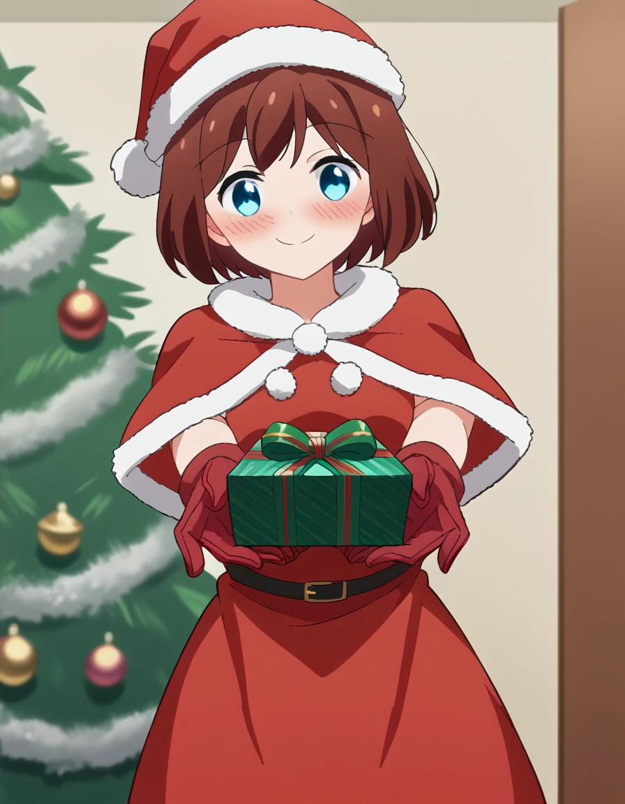 score_9, score_8_up, score_7_up, source_anime, <lora:saki-kanda-s1-ponyxl-lora-nochekaiser:1>, saki kanda, short hair, bangs, blue eyes, brown hair, medium breasts, anime screencap, <lora:santa-costume-ponyxl-lora-nochekaiser:1>, santa costume, santa hat, christmas, sack, merry christmas, gift, fur-trimmed headwear, holding sack, santa dress, fur-trimmed dress, christmas tree, christmas tree, fur trim, red capelet, gift box, red gloves, fur-trimmed capelet, santa gloves, red hat, hat,, smile, blush, looking at viewer, <lora:incoming-gift-ponyxl-lora-nochekaiser:1>, incoming gift, outstretched arms, holding, holding gift, gift, gift box,, , dutch angle, cowboy shot