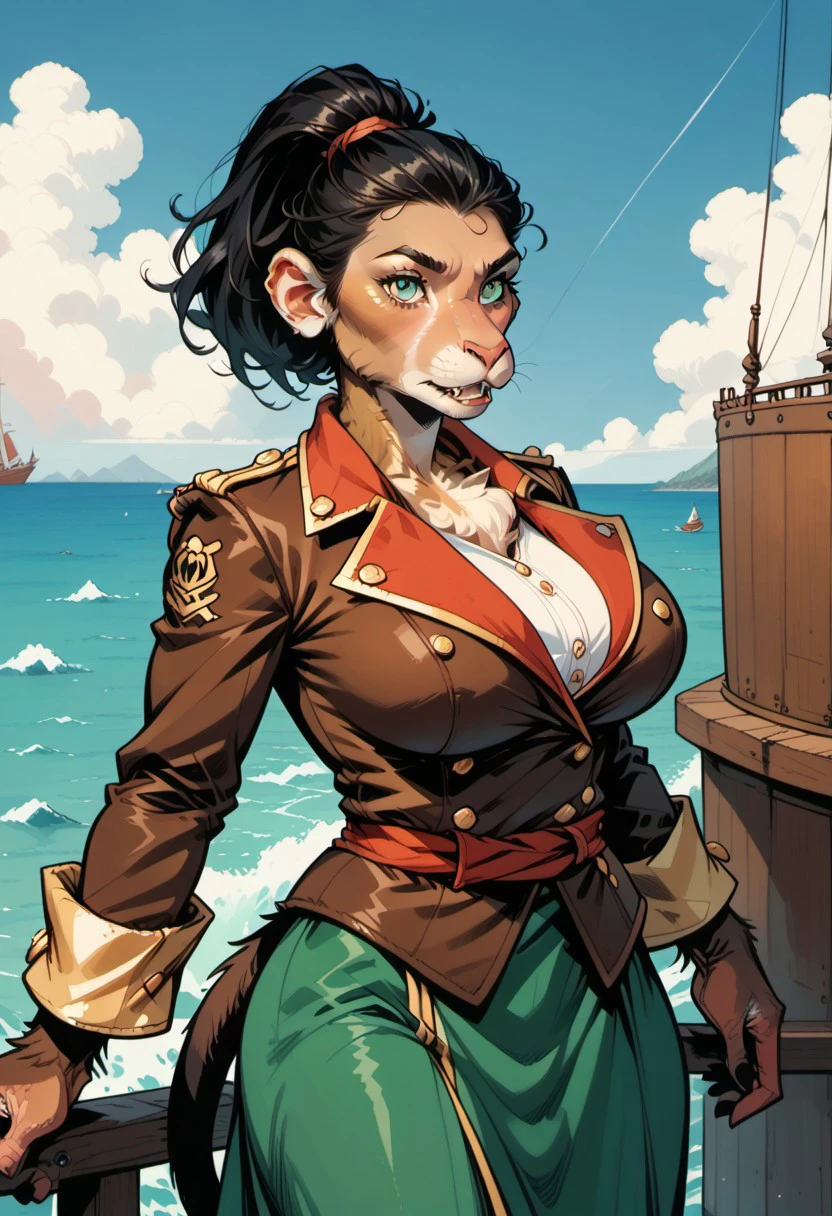 score_9, score_8_up, score_7_up, detailed, beautiful, high quality, hadozee, furry monkey, tail, 1girl, green eyes, fair skin, brown fur, black hair, long tiered ponytail, huge breasts, long fingers, sexy, pirate costume, skirt, gloves, jacket, shirt, blue sky, sea, ocean, pirate ship, treasure, gold, ,