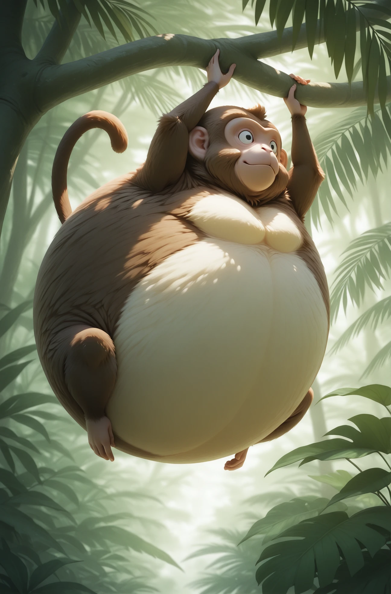 masterpiece, best quality, 2.5d, 
 <lora:Balloon Body[IL]:1> round_body, monkey, no human, animal focus, climbing, jungle