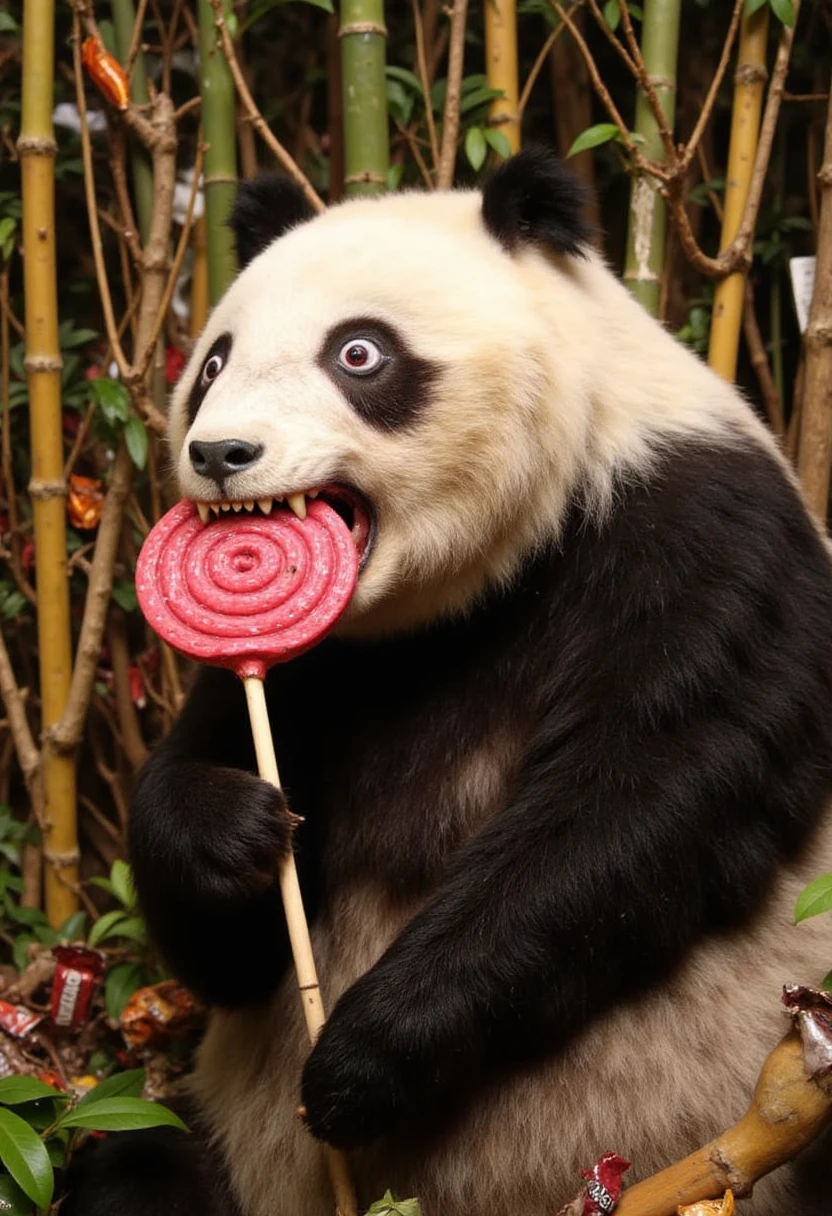 5tuff3d 4n1m4l taxidermy, a panda holding a giant lollipop in a bamboo grove, surrounded by candy wrappers.