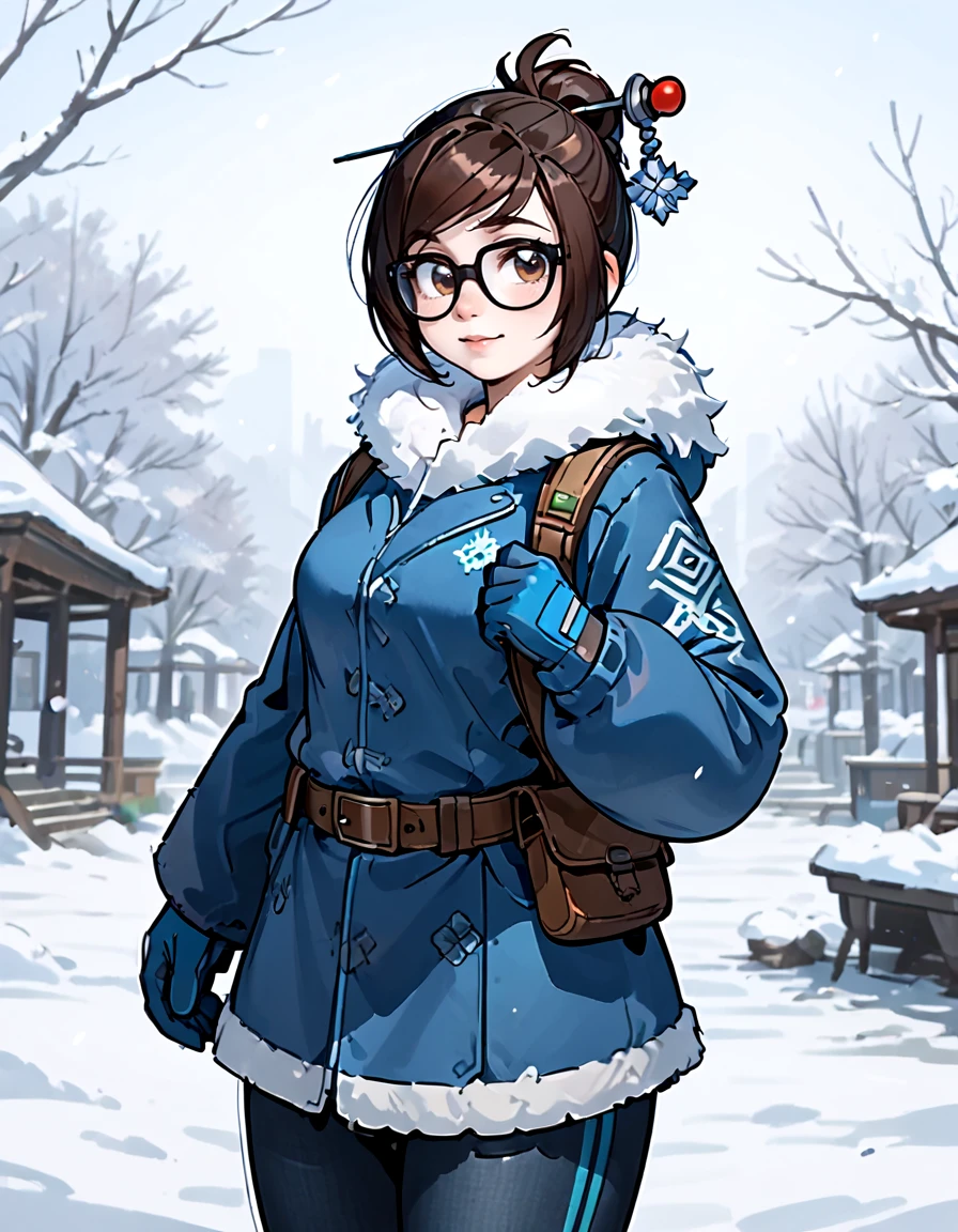 <lora:PonyXL_-_Shon_Howell_Style - Epoch 8:0.75> 1girl, female focus, solo, pinup,   <lora:Mei:1> Mei, fur-trimmed jacket, long sleeves, belt pouch, utility belt, blue gloves, winter clothes, parka, fur trim, glasses,, source_cartoon, score_9, score_8_up, score_7_up, score_6_up, score_5_up, score_4_up,