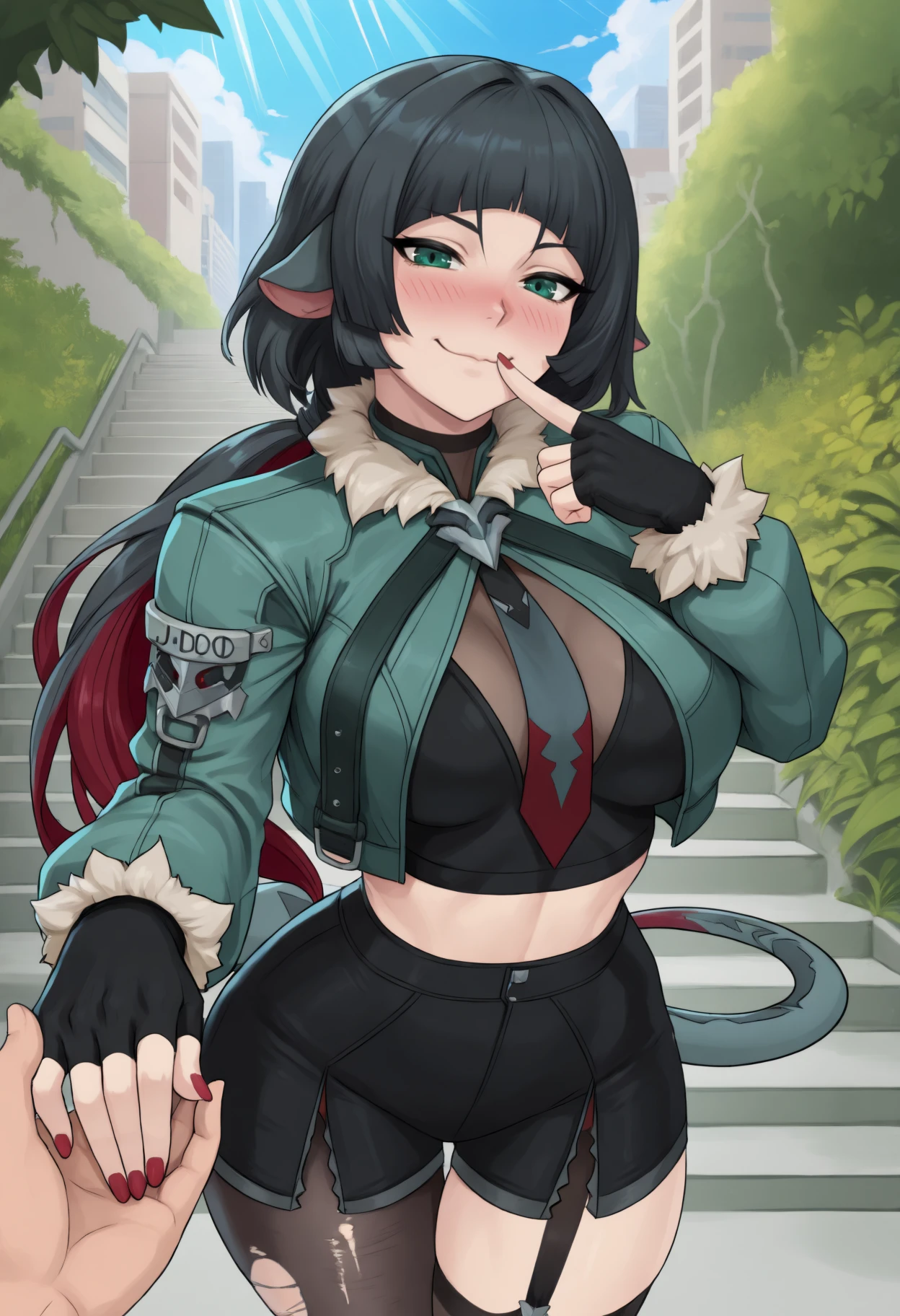 masterpiece, best quality, 1girl, j4ne d0e, tail, two-tone hair, black hair, long hair, low ponytail, red hair, blunt bangs, animal ears, green eyes, large breasts,
torn clothes, fur trim jacket, see-through shirt, midriff, green jacket, fur-trimmed jacket, cropped jacket, necktie, long sleeves, fur-trimmed sleeves, black gloves, fingerless gloves, black shorts, highleg shorts, black pantyhose, single leg pantyhose, torn pantyhose, black thighhighs, single thighhigh, torn thighhighs, garter straps, red nails,
looking at viewer, standing, c:, short smile, seductive, nose blush, standing, offering hand, finger to mouth,
outdoors, summer, stairs, city, hand pov, 1boy, disembodied hand, hand holding, flora, vegetation, blue sky, clouds, sunbeam,
<lora:zzz_janedoe_illustriousXL:1>