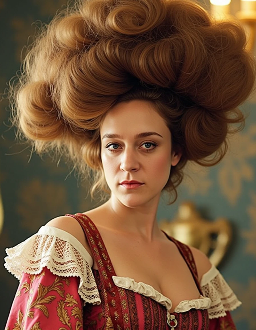 <lora:chloe-sevigny-flux:1> the, her, woman wearing a dirndl with a giant bouffant hairdo