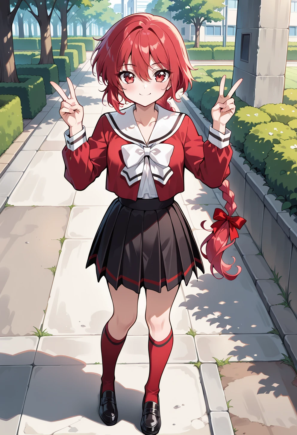 masterpiece, best quality, high quality, anime, solo, <lora:AEHikaruillx:1> 
AEHikaru, red eyes, red hair, braided ponytail, hair between eyes, hair ribbon, long braid, long hair, single braid, school uniform, serafuku, white bowtie, white sailor collar, red shirt, red bow, ribbon, long sleeves, black skirt, pleated skirt, kneehighs, red socks, black footwear,
full body, smile, standing, double v, outdoors,