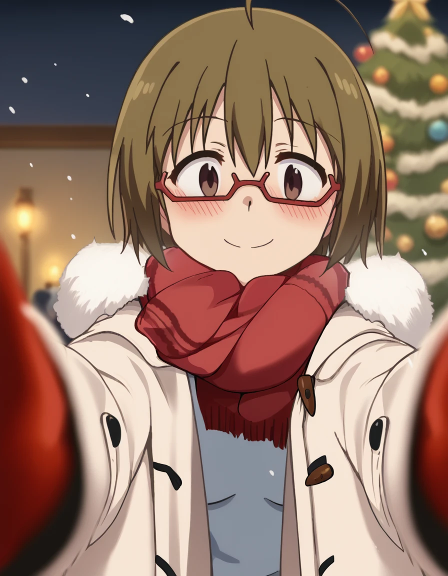 score_9, score_8_up, score_7_up, source_anime, <lora:noriko-yamada-s1-ponyxl-lora-nochekaiser:1>, noriko yamada, short hair, brown hair, brown eyes, ahoge, glasses, semi-rimless eyewear, red-framed eyewear, medium breasts, anime screencap, <lora:pov-cheek-warming-ponyxl-lora-nochekaiser:1>, pov cheek warming, pov cheek warming (meme), winter gloves, duffel coat, fur-trimmed scarf, winter clothes, red mittens, meme, winter coat, red scarf, fur-trimmed coat, reaching towards viewer, reaching, mittens, fur-trimmed hood, white coat, open coat, scarf, coat, red gloves, snowing, pov, fur trim, depth of field, smile, blush,, christmas, christmas tree, christmas lights,, , dutch angle, cowboy shot