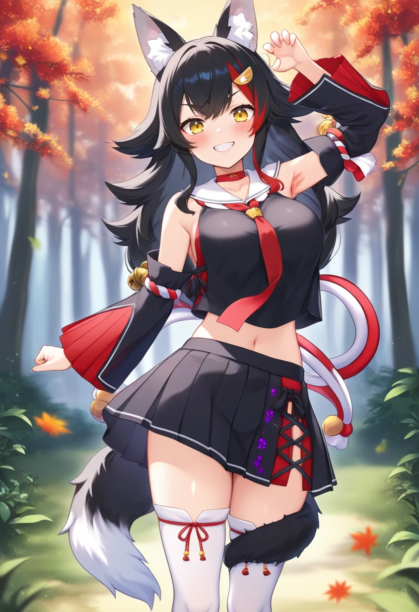 masterpiece, best quality, 1girl, solo, body blush, <lora:Ookami-Mio(iXL)V1:0.85>, ookami mio, ookami mio (1st costume), wolf ears, wolf tail, wolf girl, black hair, red hair, long hair, multicolored hair, streaked hair, flipped hair, hairclip, bell, hair ornament, red choker, shimenawa, yellow eyes, grin, smile, blush, pointy breasts, large breasts, midriff peek, navel, armpits, black skirt, pleated skirt, white thighhighs, zettai ryouiki, legs, black shirt, shirt overhang, red necktie, sleeveless, detached sleeves, side slit, black serafuku, paw pose, standing, straight-on, arched back, forest, tree, outdoors, looking at viewer, <lora:Fixhands_anime_bdsqlsz_V2:0.8>