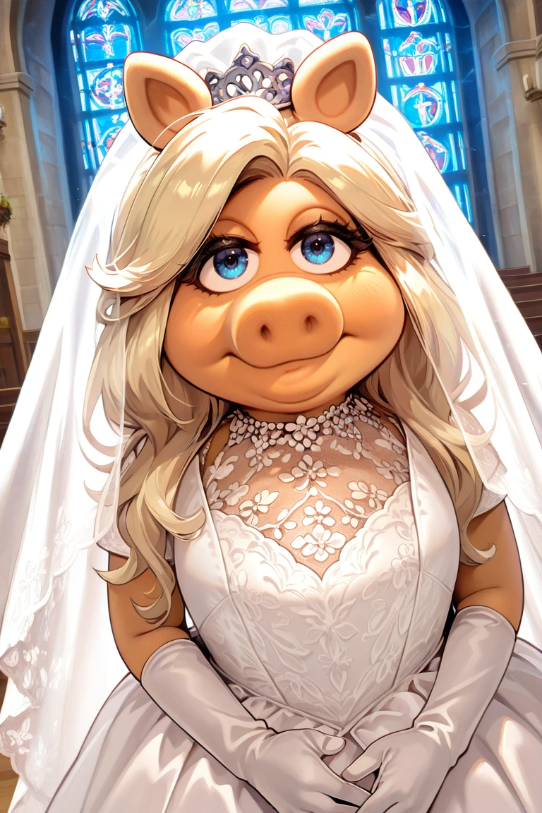 from above, dutch angle, masterpiece, best quality, cowboy shot,
1girl, solo, blue eyes, miss piggy, furry, closed mouth, long hair, wedding dress, looking at viewer, upper body, church, stained glass
newest, absurdres, highres
<lora:Miss_Piggy_IL-000010:1>