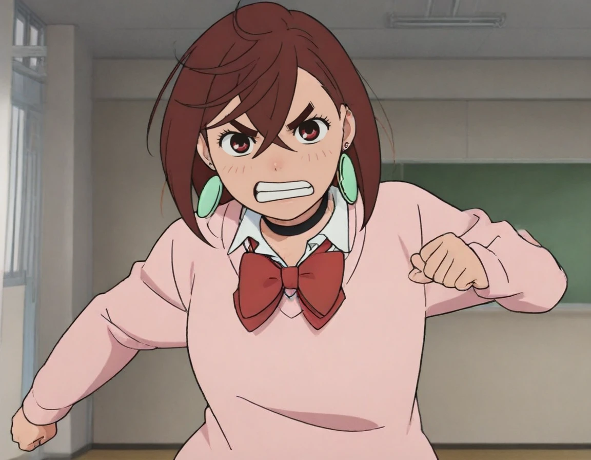 masterpiece, best quality, momo-ayase, flying kick in the air, action shot, angry face, female school uniform, pink sweater, red bow tie, black choker, teal earrings  <lora:momo-locon-300:1.2>