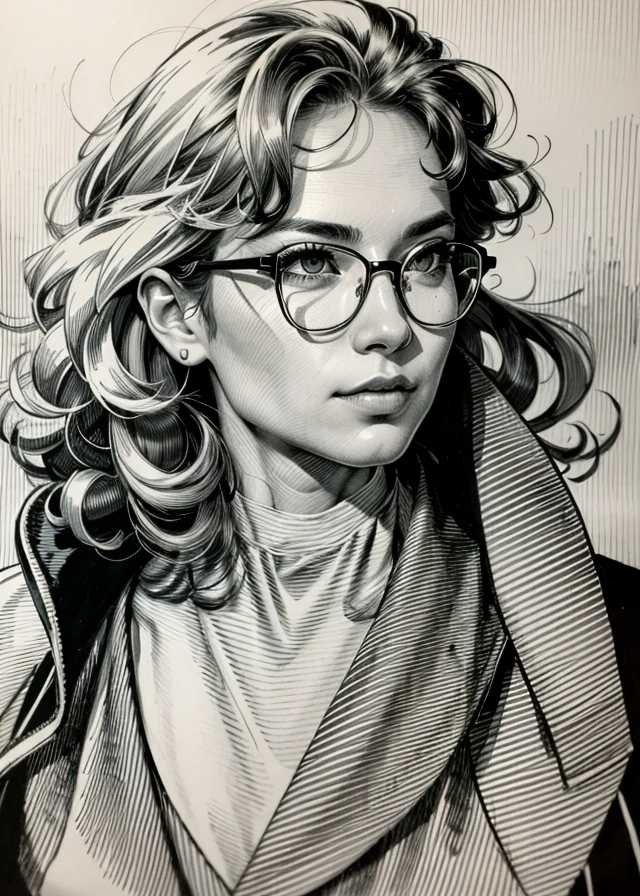 best quality,masterpiece,highly detailed,ultra-detailed, 
<lora:neg9V2_8:0.25>   
1girl, curly hair, glasses, greyscale, jacket, looking at viewer, messy hair, monochrome, shirt, simple background, solo, wavy hair
a drawing of a woman with glasses on her face and a black shirt on her shirt is shown in the background, Cedric Peyravernay, stanley artgerm lau, a comic book panel, modern european ink painting
 etching crosshatch sketch 
 <lora:sketch_V09:1:lbw=ALL:step=1-10>,