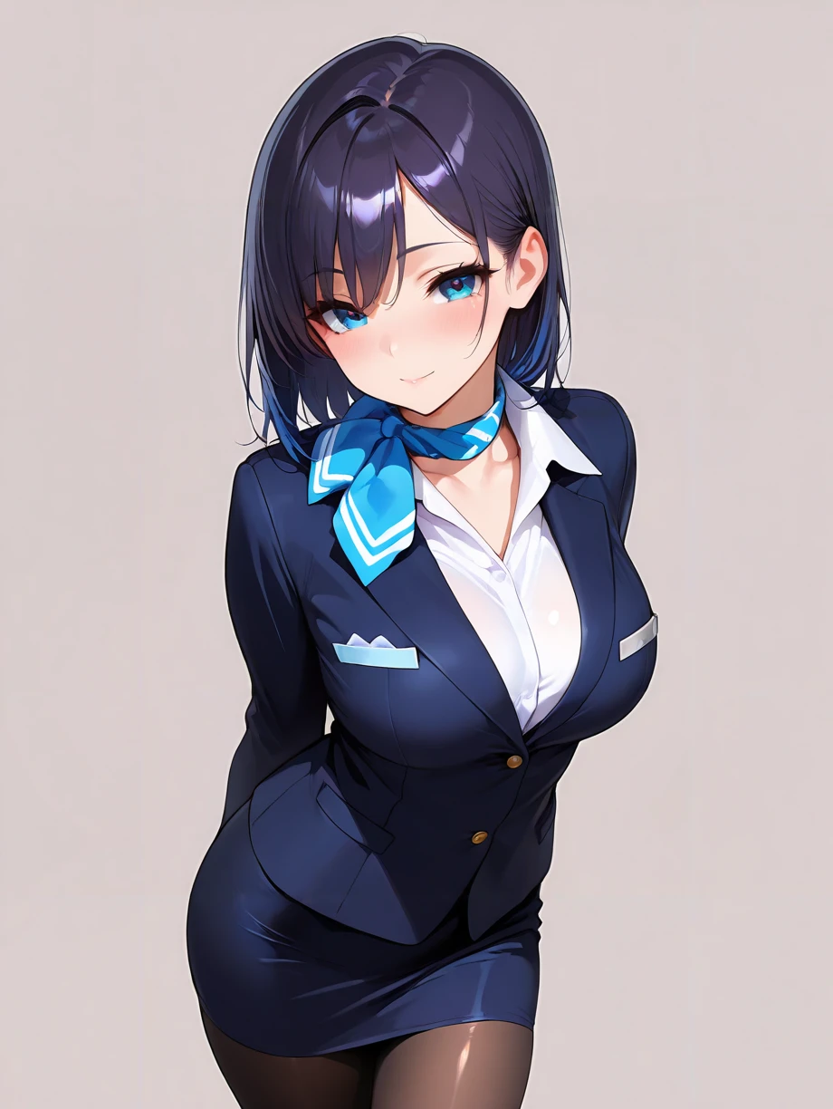 masterpiece,amazing quality,best quality,ultra-detailed,8K,illustration,CG,shiny hair,clear skin,ultra-detailed-eyes,simple background,cute girl, eyelashes <lora:flight attendant_illustrious_V1.0:1> flight attendant, pantyhose