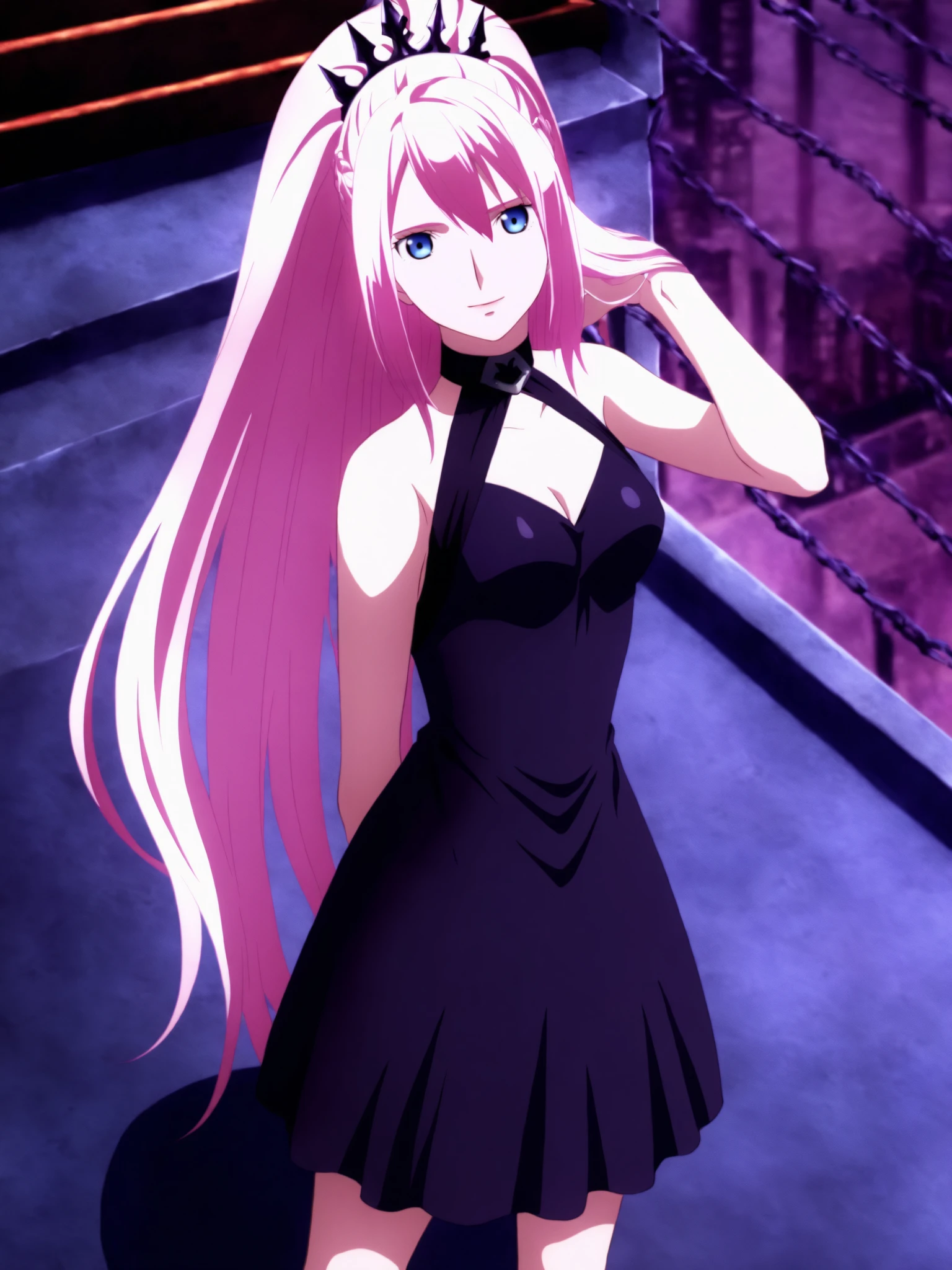 masterpiece,best quality,selie, 1girl, anime coloring, solo,6_Shionne_01B_Black_Dress_ThornsDress, shionne 01b, pale skin, (long hair),  pink hair(blue eyes), black dress, dress 1girl, solo, breasts, looking at viewer, dress, bare shoulders, closed mouth, standing, full body, pink hair, sleeveless, sleeveless dress, crown, purple dress, ,light smile, hand in hair,floating hair, rooftop, chain-link fence,  bright day , blue sky (A bustling city street bathed in crisp morning light at 10 a.m., with vibrant shadows and a clear sky:1.3),  <lora:Shionne_Black_Dress:1.1>