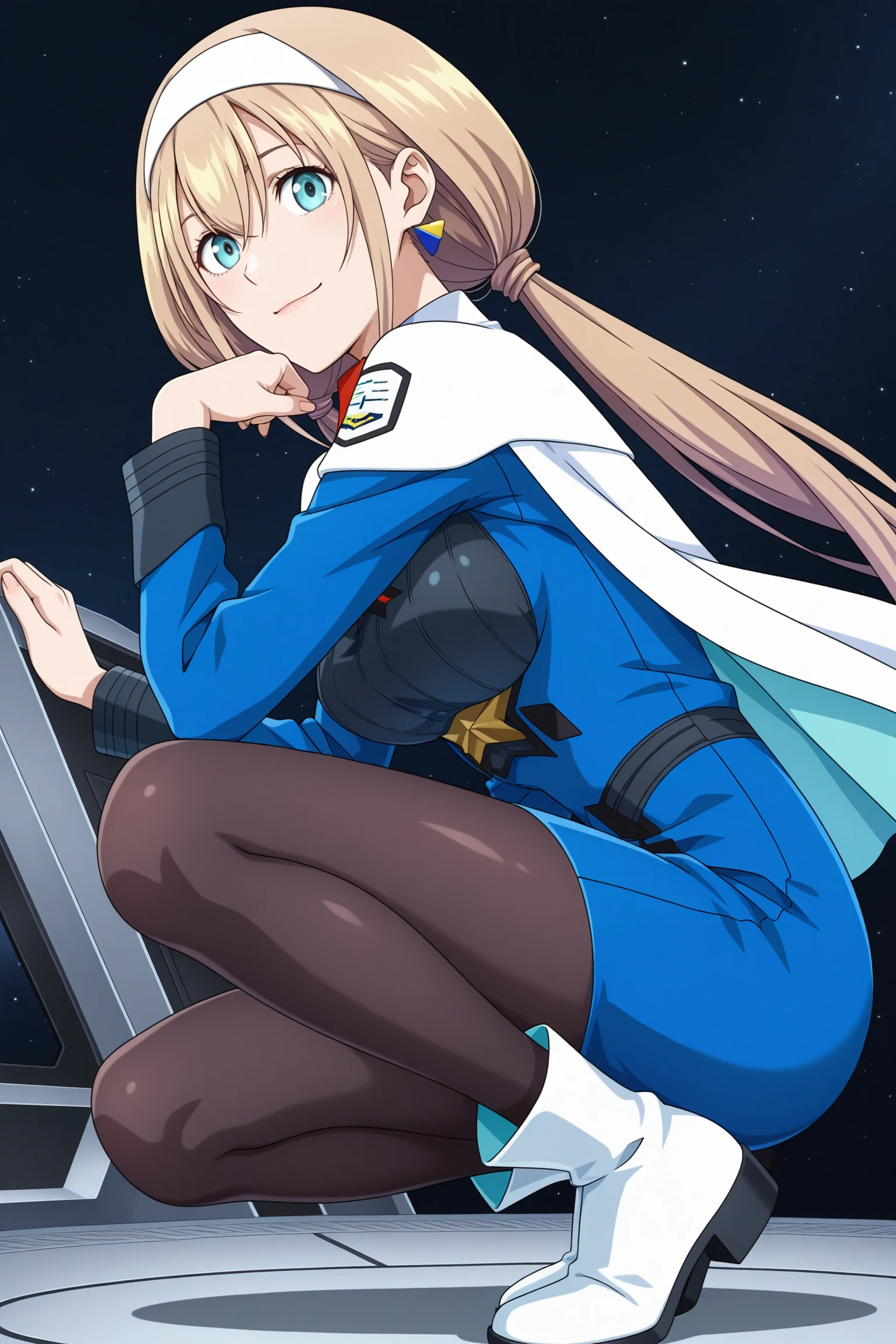 masterpiece, best quality, amazing quality, highres, absurdres, very aesthetic, high resolution, ultra detailed, perfect details, 1girl, solo, science fiction, space, spacecraft, indoors, medium breasts, mitsuba greyvalley, blonde hair, long hair, low twintails, white hairband, blue eyes, single earrings, military uniform, blue dress, long sleeves, white capelet, short necktie, framed breasts, black pantyhose, white footwear, boots, <lora:Mitsuba_Greyvalley_ILXL:0.8>, (aged up:1.5), full body, (pose:1.2), smile, looking at viewer, (anime coloring:1.5), (anime screencap:1.5), (from side:1.8), squatting