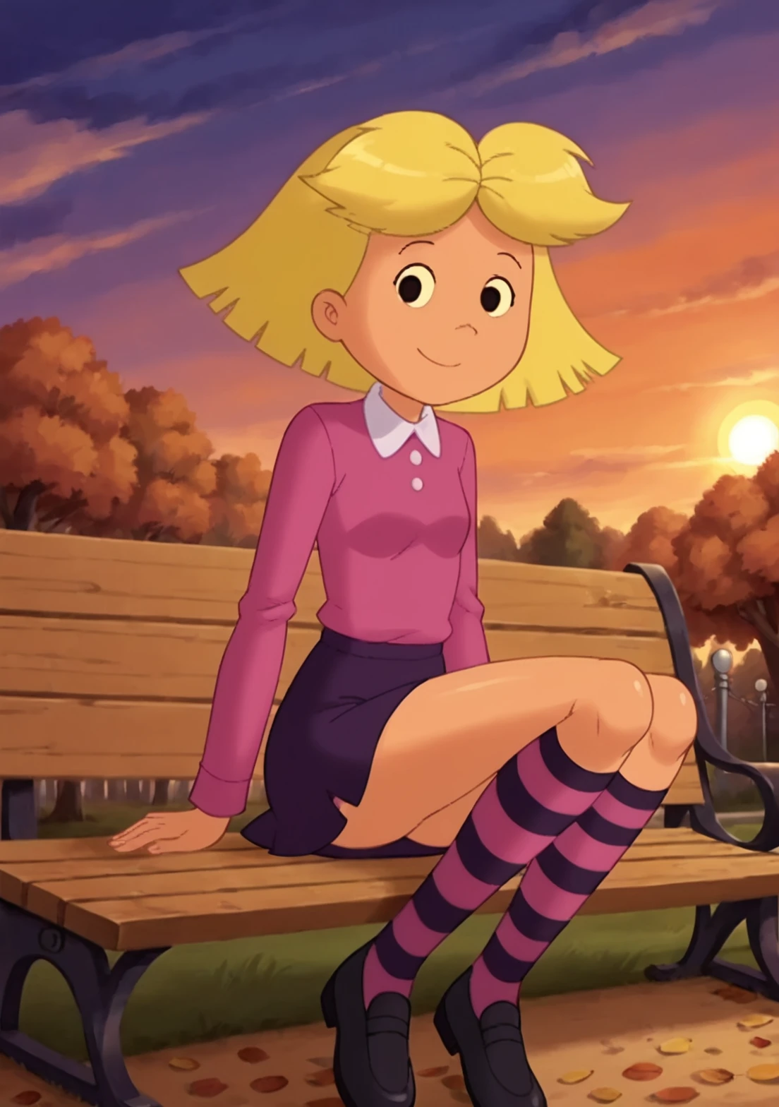 score_9, score_8_up, score_7_up, BREAK, masterpiece, highres, emilyelizabeth, blonde hair, short hair, smile, black eyes, pink shirt, white skin, pale skin, white collar,  dark purple skirt, striped, socks, kneehighs, striped socks, black footwear, shoes, sitting on bench, legs together, looking at viewer, blue sky, park, forest, autumn  day, sunlight, sun, clouds, close up, <lora:Emily_Elizabeth:1> <lora:add-detail-xl:1>