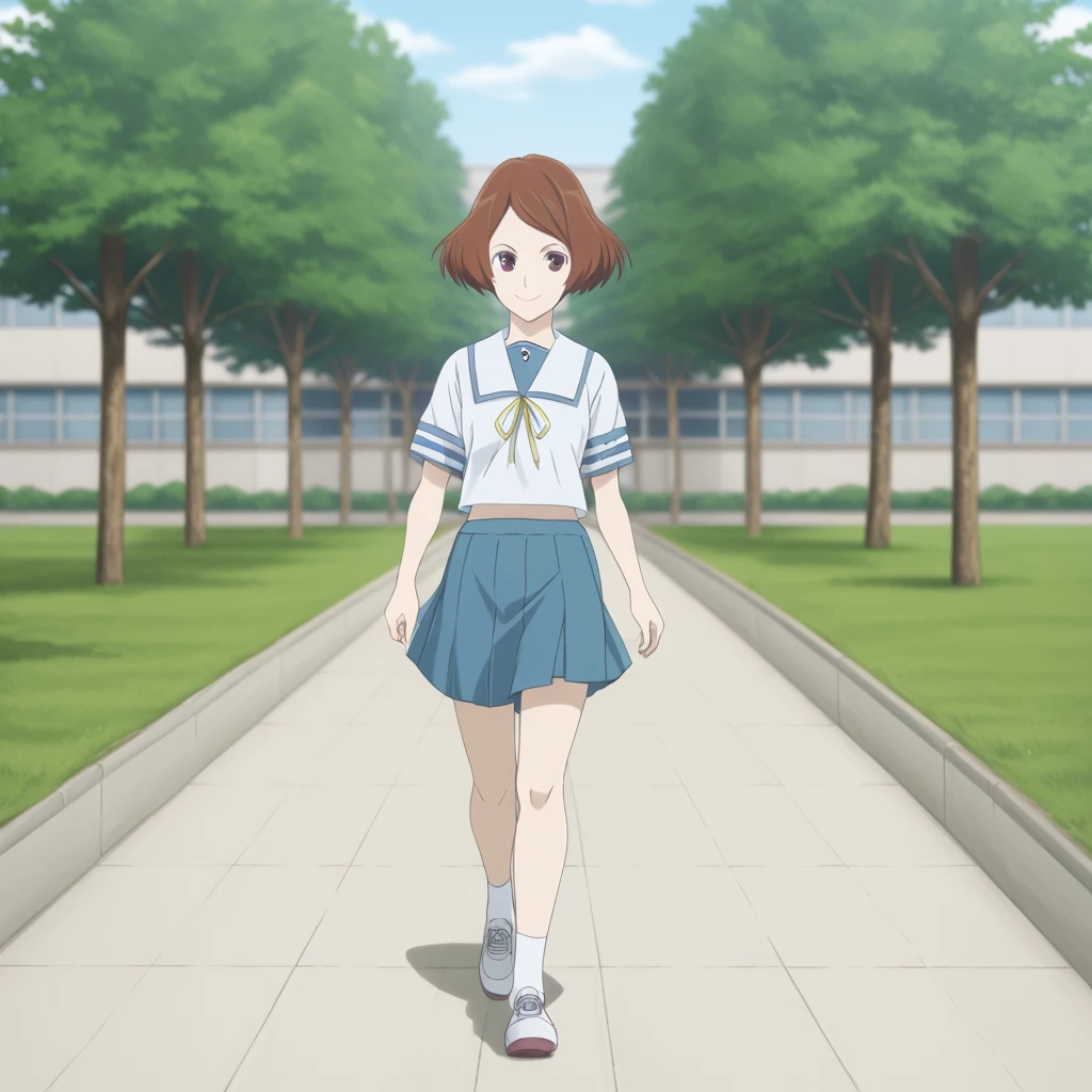 <lora:AfrobullLycoXL:1> <lora:Misora_Haruki_-_Sakurada_Reset:1>school uniform, kitauji high school uniform,Misora,skirt,walking,outside,front view,smiling