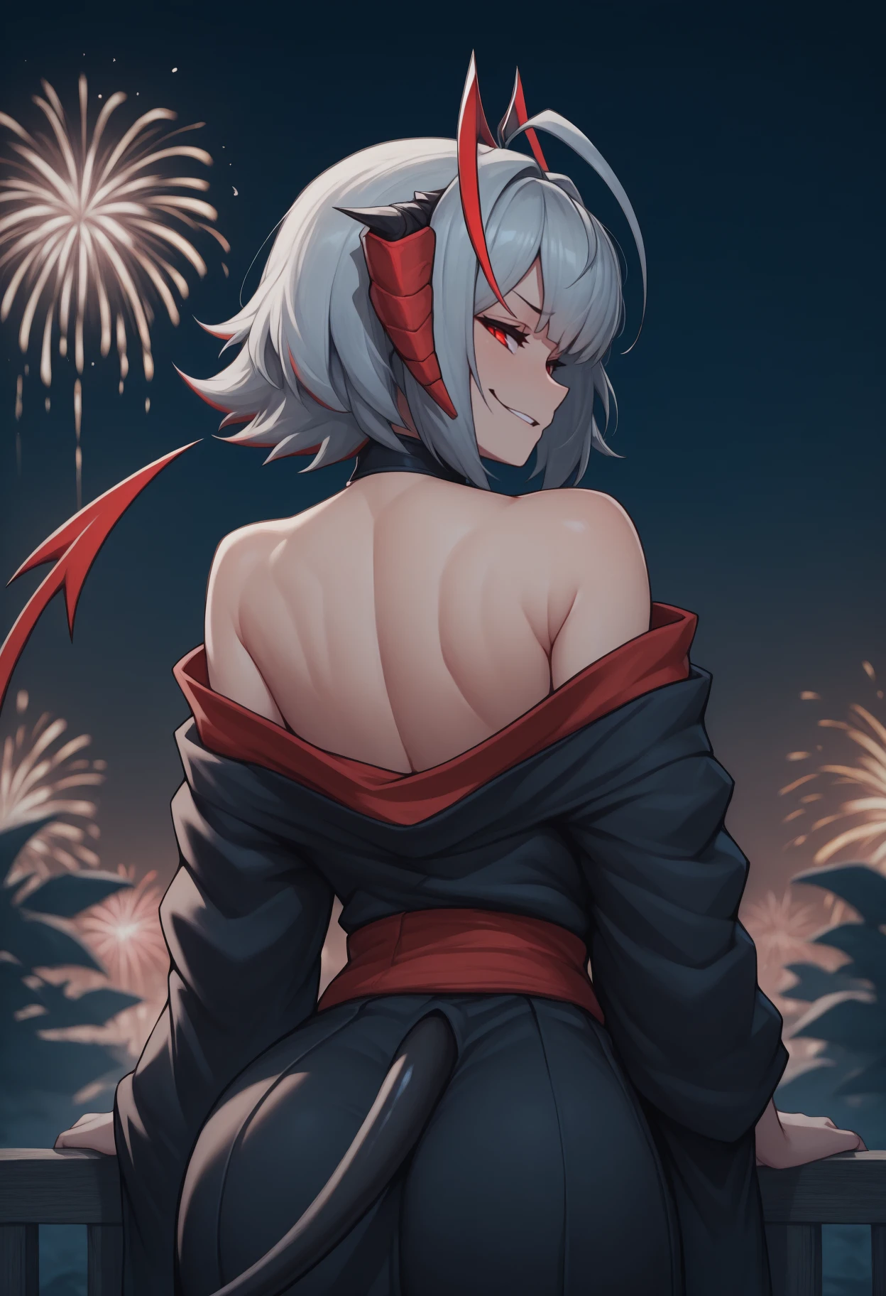 anime, masterpiece, best quality, from behind, solo, 1girl, wdef, demon tail, smirk, looking back, short hair, multicolored hair, grey hair, red hair, ahoge, antenna hair, demon horns, antennae, red eyes, japanese clothes, black kimono, off shoulder, red sash, bare shoulders, outdoors, night, fireworks
<segment:yolo-Anzhc Face seg 640 v2 y8n.pt,0.4,0.5//cid=1>