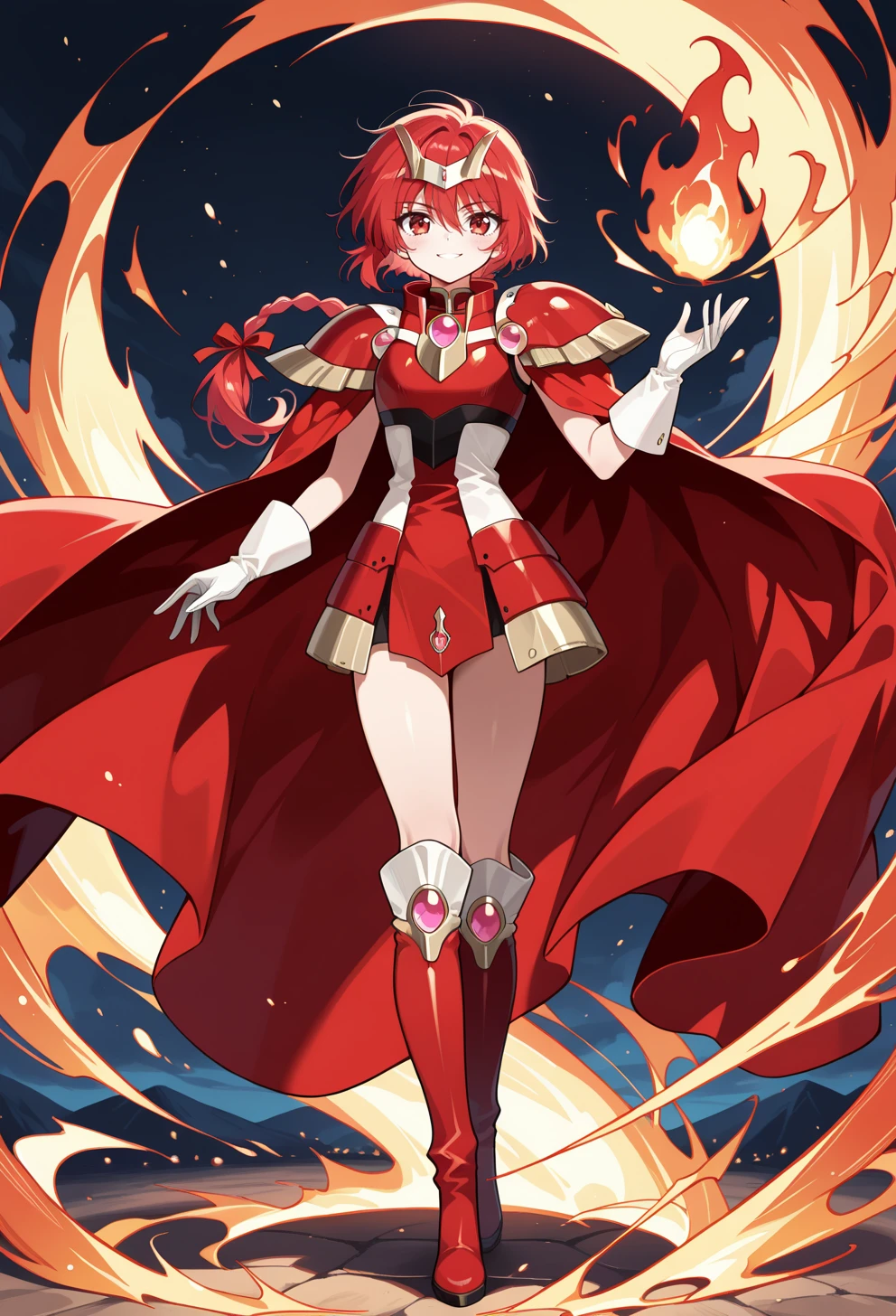 masterpiece, best quality, high quality, anime, solo, <lora:AEHikaruillx:1>
AEHikaruFinal, red eyes, red hair, braided ponytail, hair between eyes, hair ribbon, long braid, long hair, single braid, armored dress, red armor, red cape, shoulder armor, white gloves, gem, gloves, kneeboots,  
full body, fire, smile, hand up,