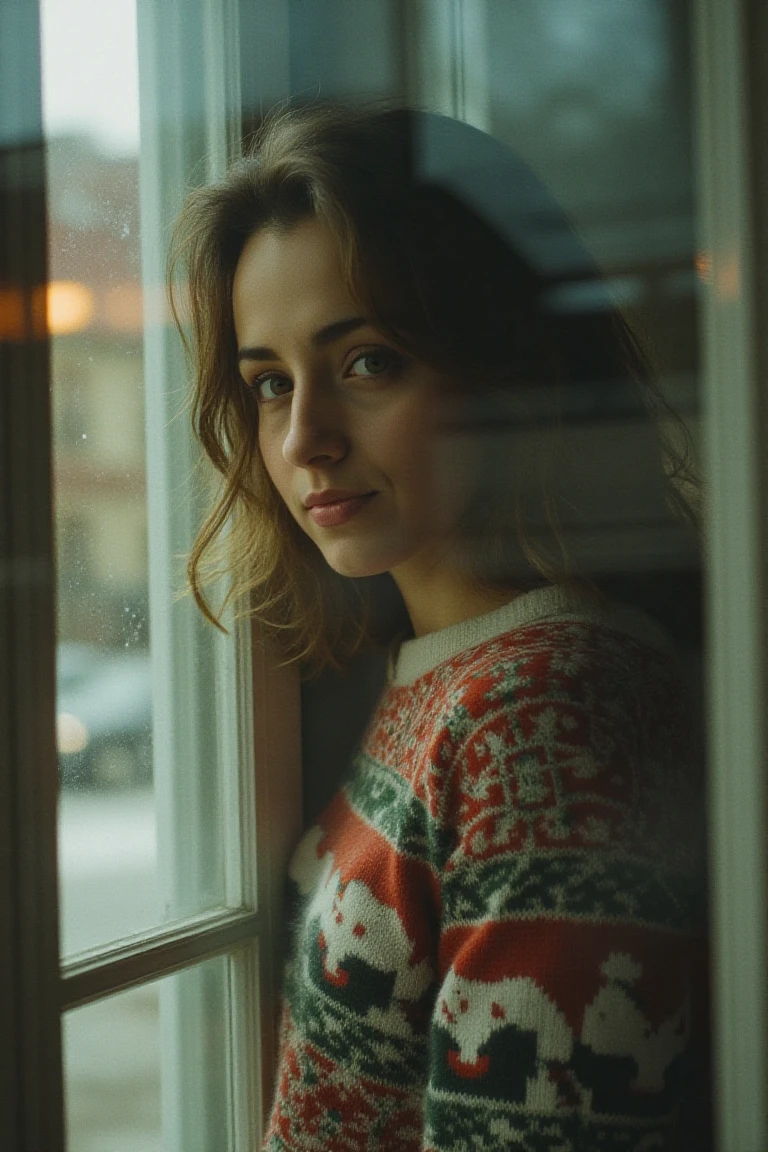 A captivating 35mm film shot unfolds, and the camera captures a woman through a frosted window. Wearing a Christmas sweater, she looks directly at the viewer, her skin glows under her tousled hair, partially obscuring her face. The soft lighting illuminates her sweet smile, In particular, the glass surface of the front window in front of the frame is a transparent glass reflection and glass refraction, and the frost pattern formed by the frozen frost forms a gradient on the glass surface, emphasizing the cozy atmosphere beyond the window. The extremely low angle (1.4) and high contrast HDR (1.2) further emphasize the wonder and mystery of the image, transporting the viewer into a dreamy and transcendent fantasy world.