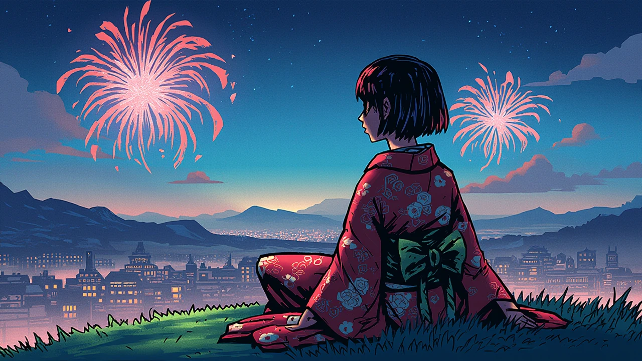 inked comic illustration in dd artstyle, close-up from behind of a college woman with empty black eyes and a short styled straight black bobcut dressed in a kimono sitting on a grassy hill overlooking a small city under a starry night sky and watching fireworks.