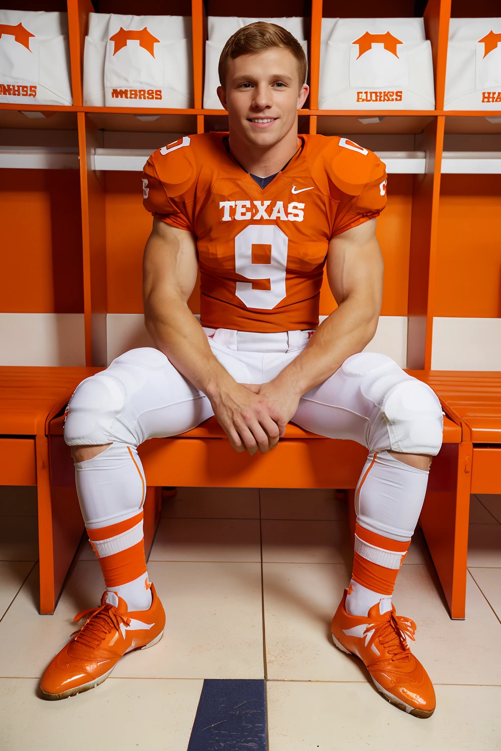 locker room, sitting on a bench, in front of lockers, smiling, MarkieMore  is an (American football player:1.2), University of Texas Longhorns football player wearing University of Texas Longhorns football uniform, (University of Texas Longhorns orange jersey:1.2), (white football pants:1.4), (orange socks:1.2), (sneakers:1.1), (caucasian male), (((full body portrait))), wide angle   <lora:MarkieMore:0.8>