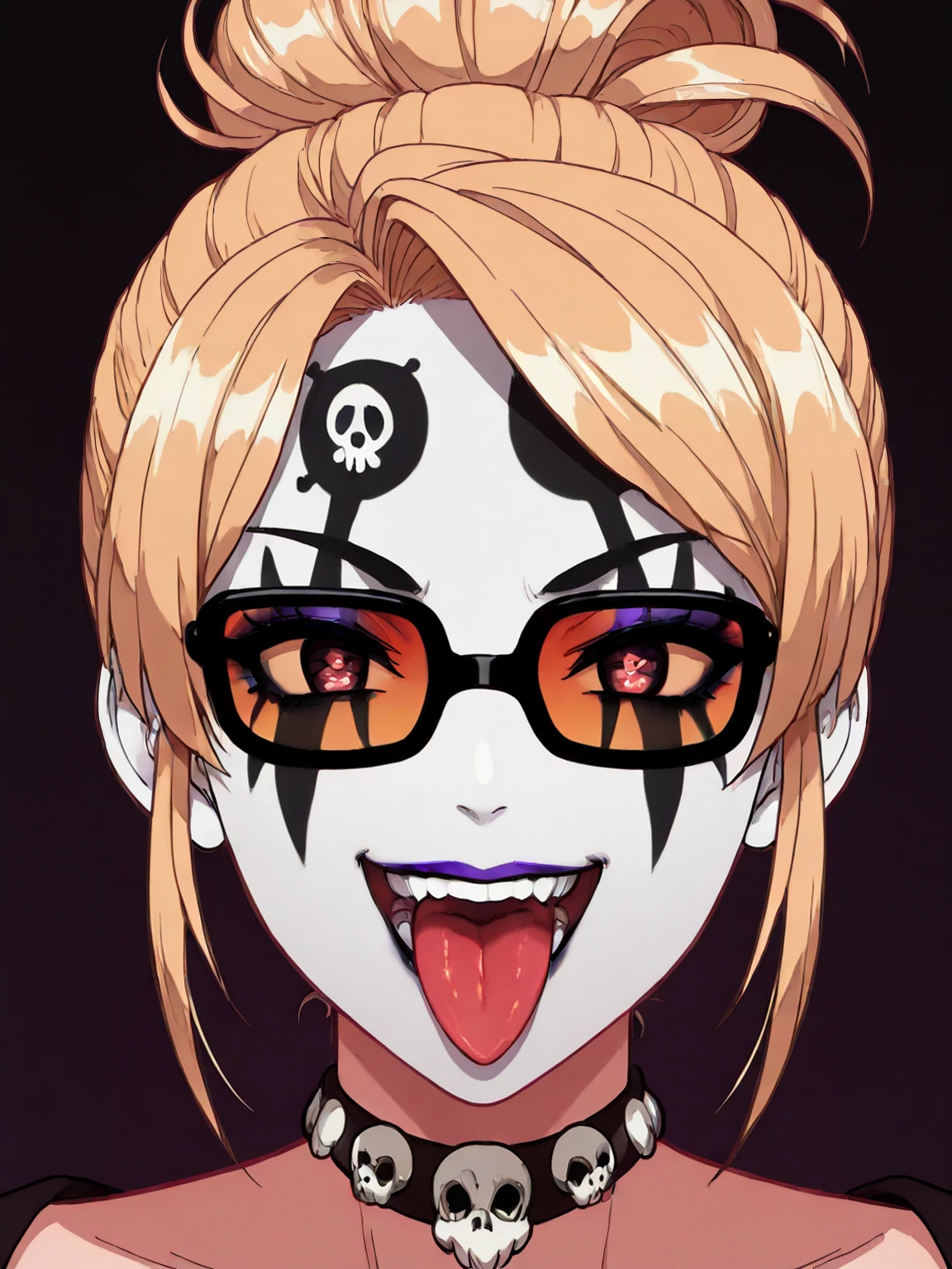 masterpiece, best quality,vector art,
cowboy shot,looking at viewer,1girl,solo,smile,
edgK1ZZ,  looking at viewer, open mouth,  blonde hair,  teeth, tongue, tongue out,  portrait, wearing black edgK1ZZ_(facepaint, makeup, facial marks),updo,sunglasses,skull symbol choker,
 <lora:edgIWMFLYILS:0.8>