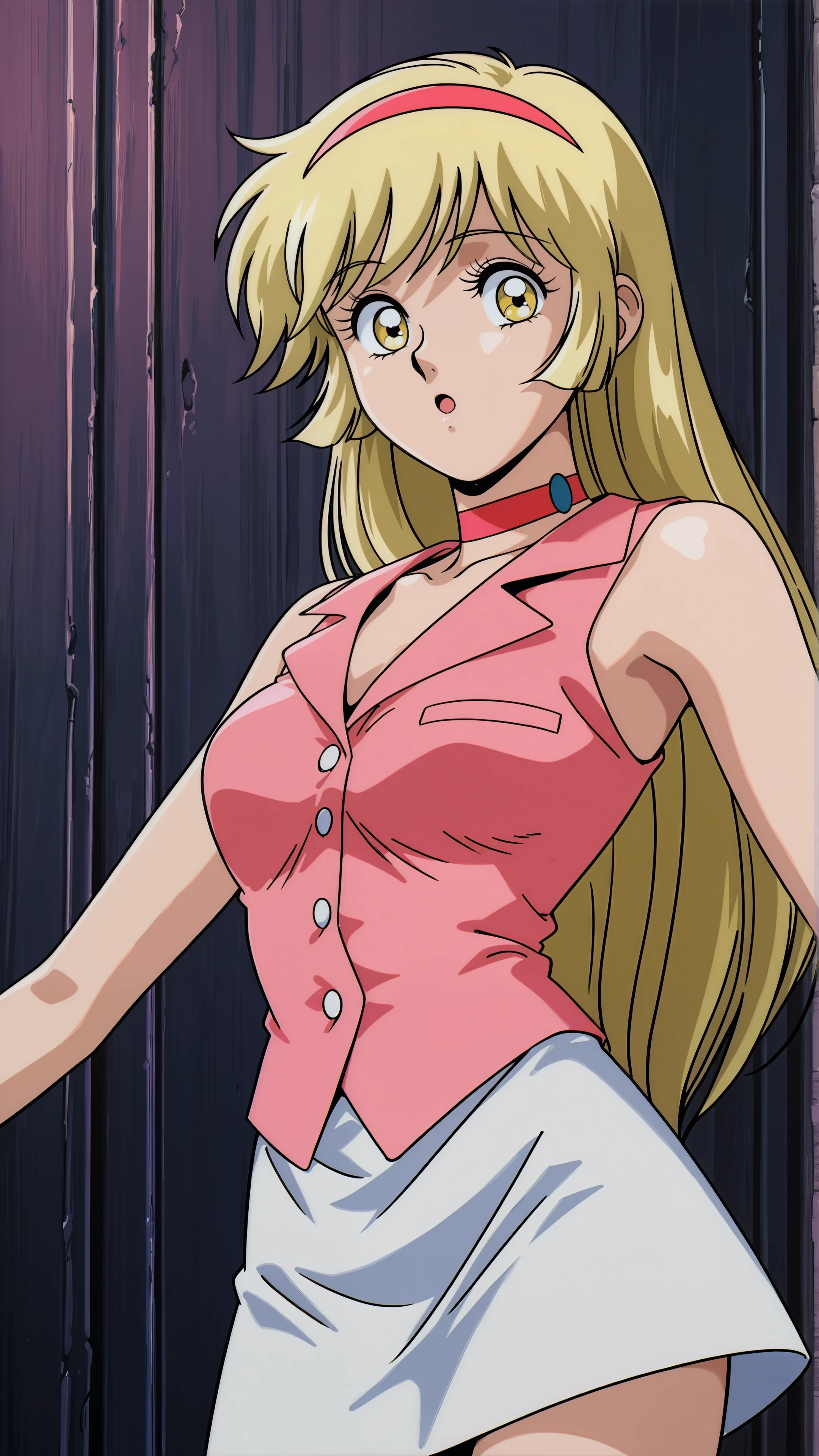 absurdres, 1girl, long hair, blonde hair, yellow eyes, hairband, choker, jewelry, pink sleeveless blouse, white miniskirt, three quarter view, looking at viewer, :o, <lora:cuteyhoney:0.7>