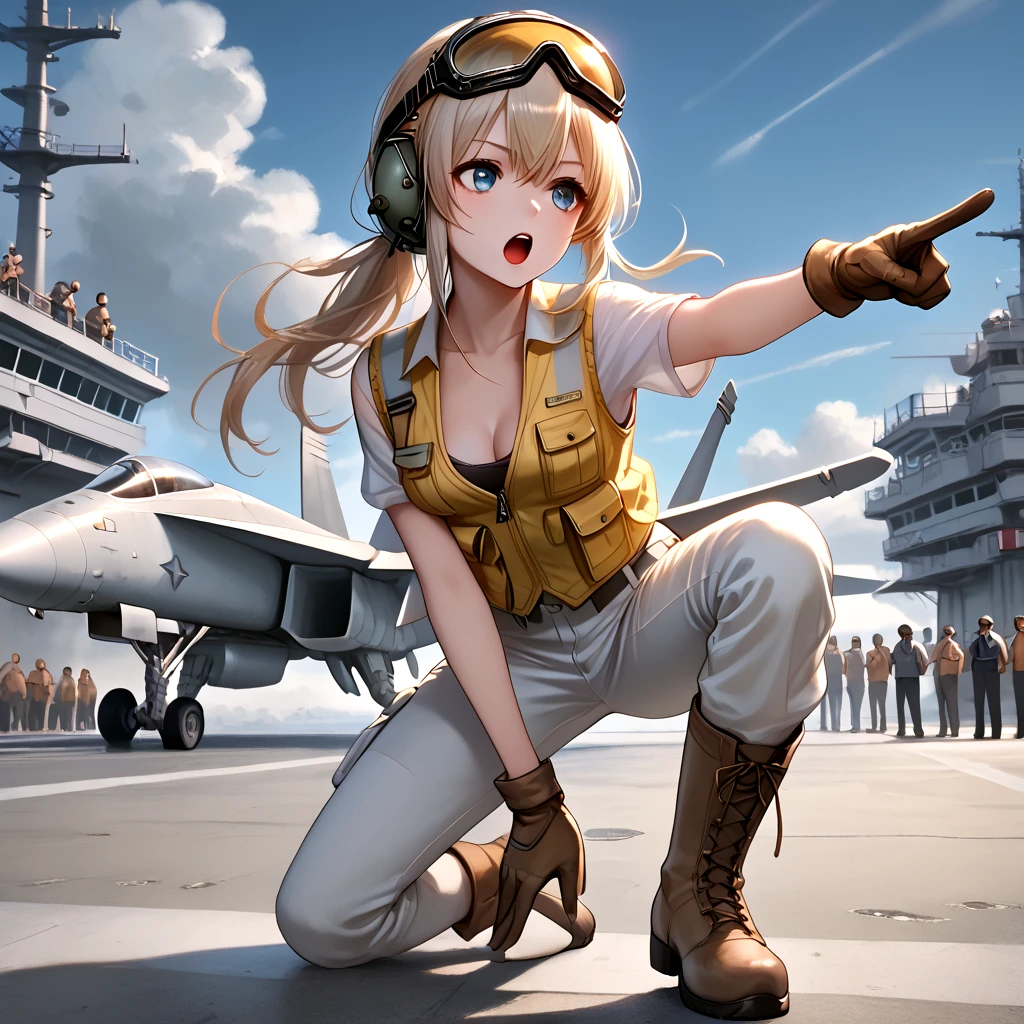 score_9, source_anime, aircraft carrier, catapult officer, pointing forward, outstretched legs, spread legs, standing, lunge, one knee, 1girl, open mouth, cleavage, medium breasts, vest, pants, helmet, gloves, boots, leaning forward, goggles on head, from side, cloudy sky, sky, dust, steam, crowd, wide shot, <lora:girllikeaircraftcarrier_pony:0.7>