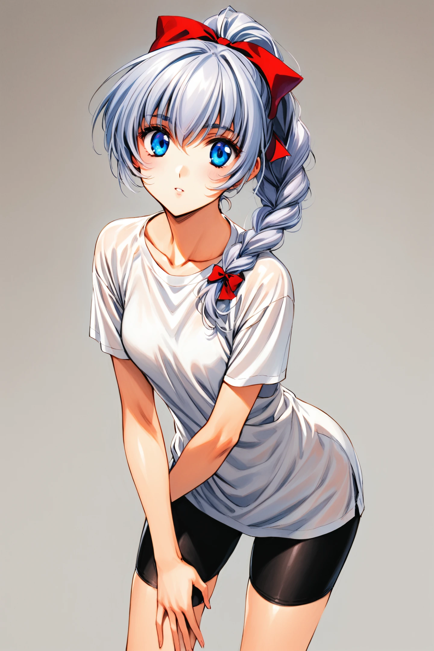 Teletha Testarossa,1girl,solo,grey hair,blue eyes,bike shorts,red bow,hair bow,braided ponytail,white shirt,t-shirt,collarbone,standing,looking at viewer,simple background,white background,traditional media,
<lora:Shiki Doji_XL_V1.1:0.8>,