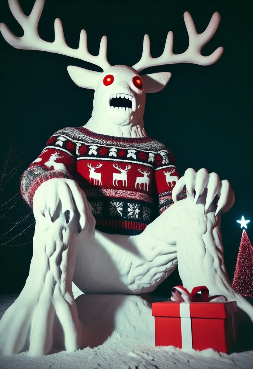 best quality, amateur photography, made of snow, SN0W, horror, monster, deer monster, giant, gigantic, colossal, night, darkness, gift, antlers, gift box, box, sitting, christmas, holding, christmas sweater, low angle, long limbs, glowing eyes