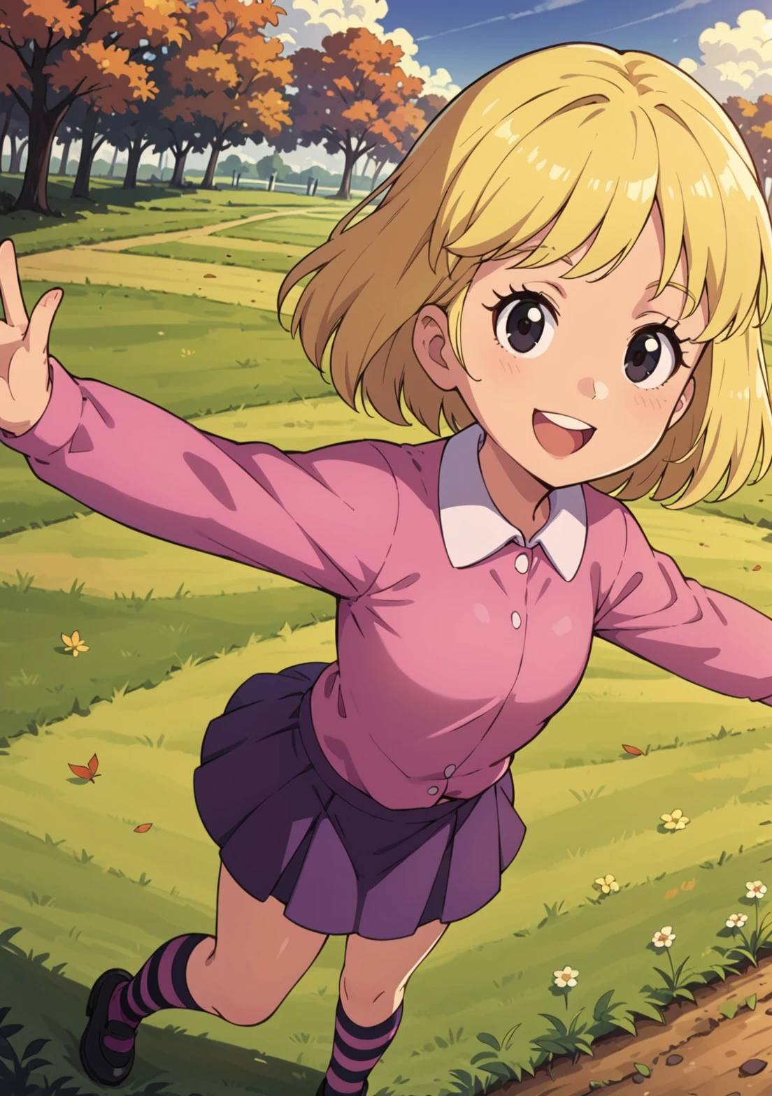 score_9, score_8_up, score_7_up, BREAK, masterpiece, highres, emilyelizabeth, blonde hair, short hair, smile, thighs, black eyes, pink shirt, long sleeves, white skin, pale skin, white collar, dark purple skirt, striped, socks, kneehighs, striped socks, black footwear, shoes, standing on grass, outstretched arms, from above, field, open mouth, smile, swirling,  looking at viewer, blue sky, park, forest, autumn, sunlight, sun, clouds, close up, <lora:Emily_Elizabeth:1>