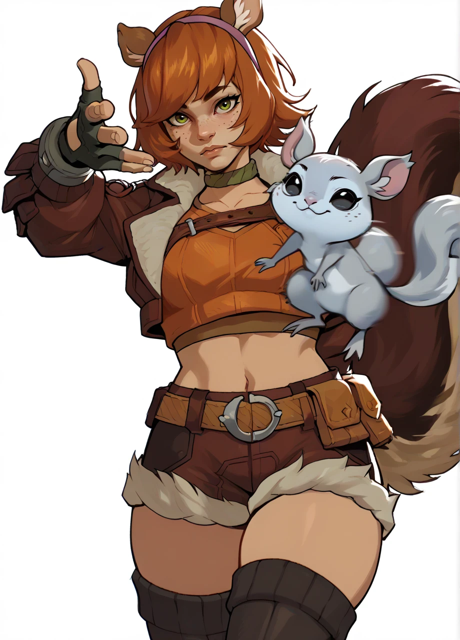 1girl, white background, crop top, open jacket, fingerless gloves, shorts, belt, thighhighs, short hair, hairband, squirrel tail, freckles, mrsqrgrl, <lora:MR_SquirrelGirl-PONY:0.8> <lora:EminemThrowingMeme_pdxl_Incrs_v1:1> EminemThrowingMeme, motion blur, throwing, looking at viewer, small creature, rodent, score_8_up, score_7_up, score_6_up, score_5_up, score_4_up,