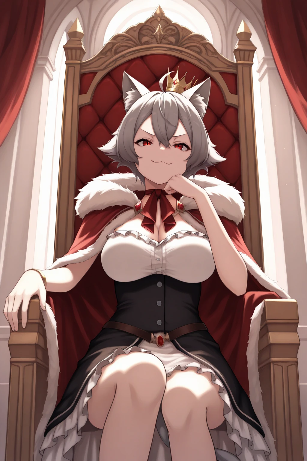 masterpiece, best quality, smug, 1girl, l1n1a, large breasts, cat ears, animal ear fluff, cat tail, red eyes, slit pupils, short hair, grey hair, hair between eyes, ahoge, crown, fur-trimmed cape, frilled dress, jewelry, sitting, hand rest, indoors, throne room, curtains, sunlight, <lora:Hoseki_MushokuTensei_LiniaDedoldia_IllustriousXL_v1:1>