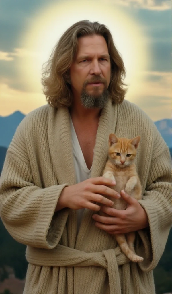 <lora:The DudeV2:0.89> the dude, full body, a man with long hair and beard. He wears a closed bathrobe.  holds a kitten, holy figure with a halo, mountain background