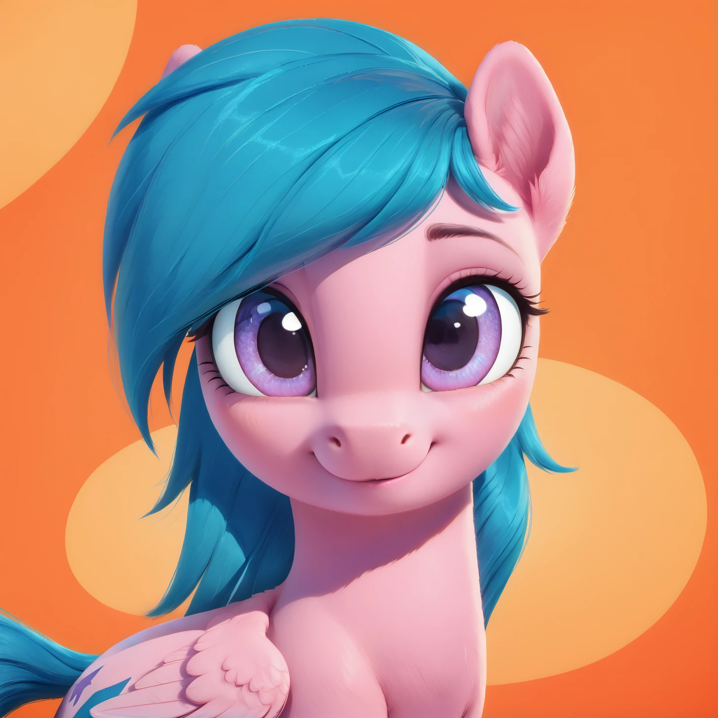 score_9, score_8_up, score_7_up, score_6_up, score_5_up,with beautiful, detailed, (detailed cute pony face), detailed eyes, detailed fur, beautiful, vector, flat colors, (abstract background: 1.8), (looking at you, looking at viewer: 1.5), cute smile, happy, ((close-up)),    <lora:G1__Firefly:1>G1 pony Firefly, pegasus,pink body, blue hair
<lora:Wholesome_MLP-v1.2:1>  <lora:3D_Animation_Diffusion_Pony_style:1>