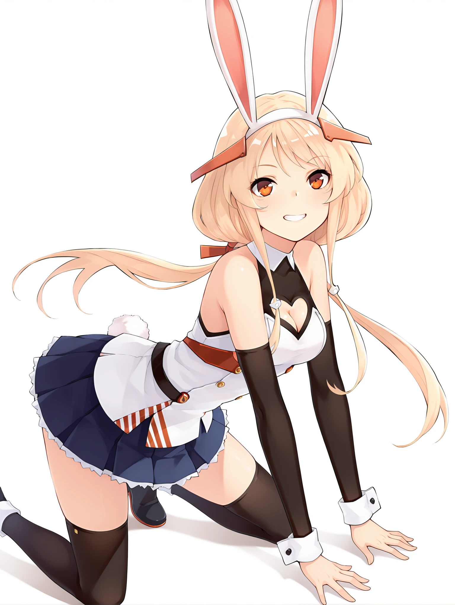 masterpiece,best quality,amazing quality,
solo,1girl,
<lora:bensen_ilxl_v1.1:1>,bensen,rabbit ears,blonde hair,hairband,low twintails,b_clothes,heart cutout,wrist cuffs,white shirt,detached sleeves,blue skirt,black thighhighs,miniskirt,black footwear,<lora:Fixhands_anime_bdsqlsz_V1:1>,white_background,simple_background,clenched hand,grin,looking_at_viewer,hands on ground,looking_up,from_above,profile,from_side,