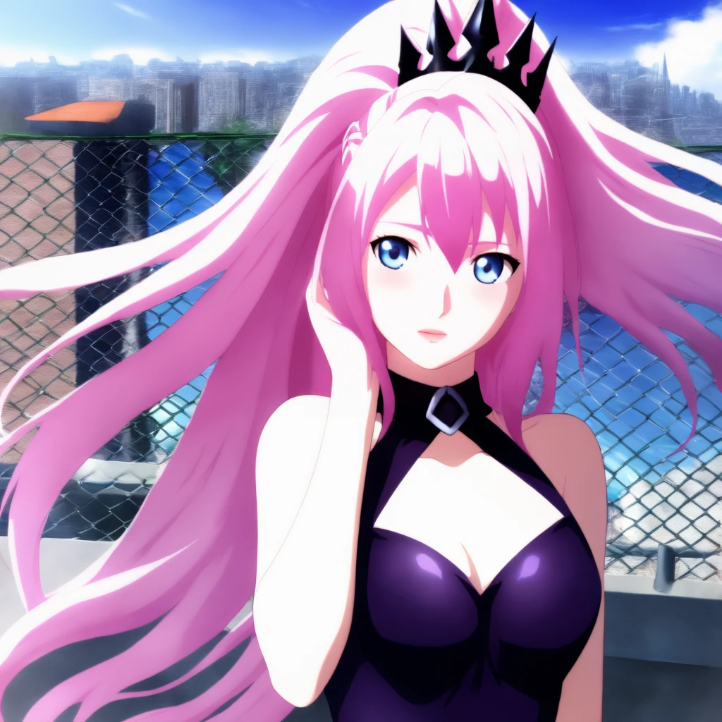 masterpiece,best quality, skanade, 1girl, solo, two side up, 15_Shionne_01B_Black_Dress_ThornsDress, shionne 01b, pale skin, (long hair),pink hair, (blue eyes),medium breast size,1girl black dress, dress, solo,dress, bare shoulders, sleeveless, sleeveless dress, black crown, purple dress,  upper body, looking up, hand on the chin, rooftop,chain-link fence,  wind,  floating hair, standing,  thinking, very beautiful, so attractive,  <lora:Shionne_Black_Dress-000014:1>