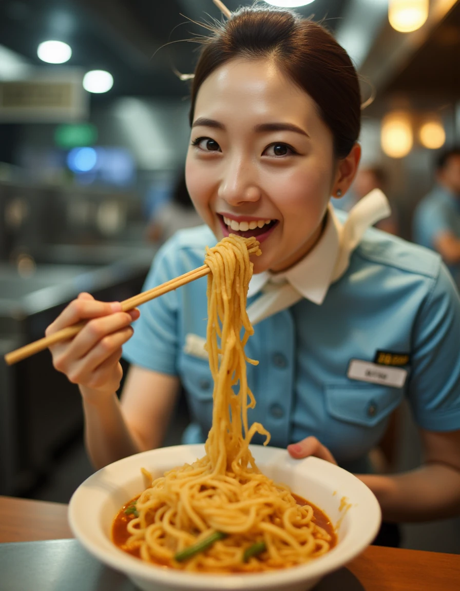 Close-up photo of a woman in a  uniform, slurping noodles in a busy kitchen, looking up at the camera with a happy smile, steam rising from the bowl, warm lighting, realistic, detailed.
 <lora:Korean_Air_Stewardess_trigger(uniform)_512_dev_f1_k:1>