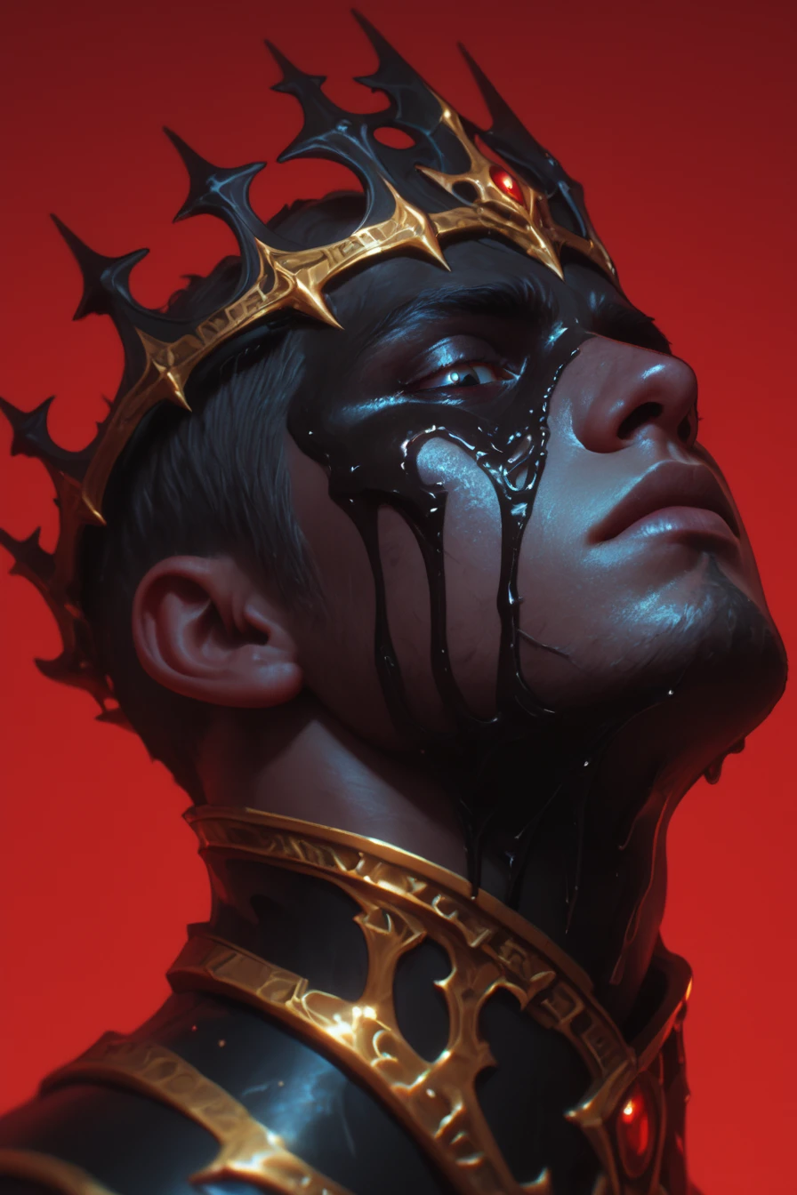 score_9, score_8_up, score_7_up, upscale 2x, (A close-up of an ultra-realistic, hyper-detailed concept art portrait of a black and gold king with a crown dripping in liquid on his face, looking down at the ground, on a red background, in the style of dark fantasy, created using Unreal Engine:1.2) amazing quality, hkdevil