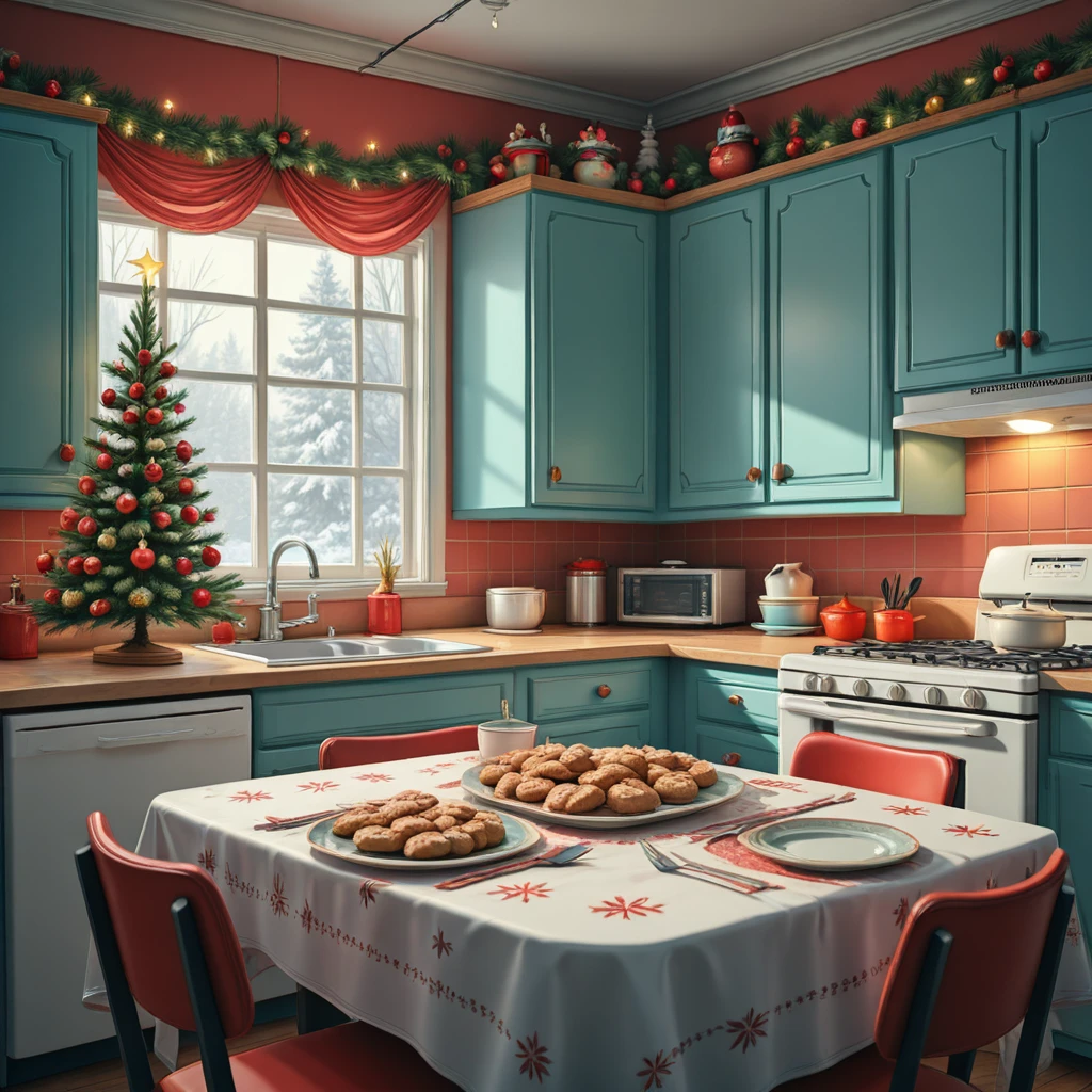 kitchen_christmas_style, a cozy kitchen decorated for Christmas with glowing string lights and teal cabinets.